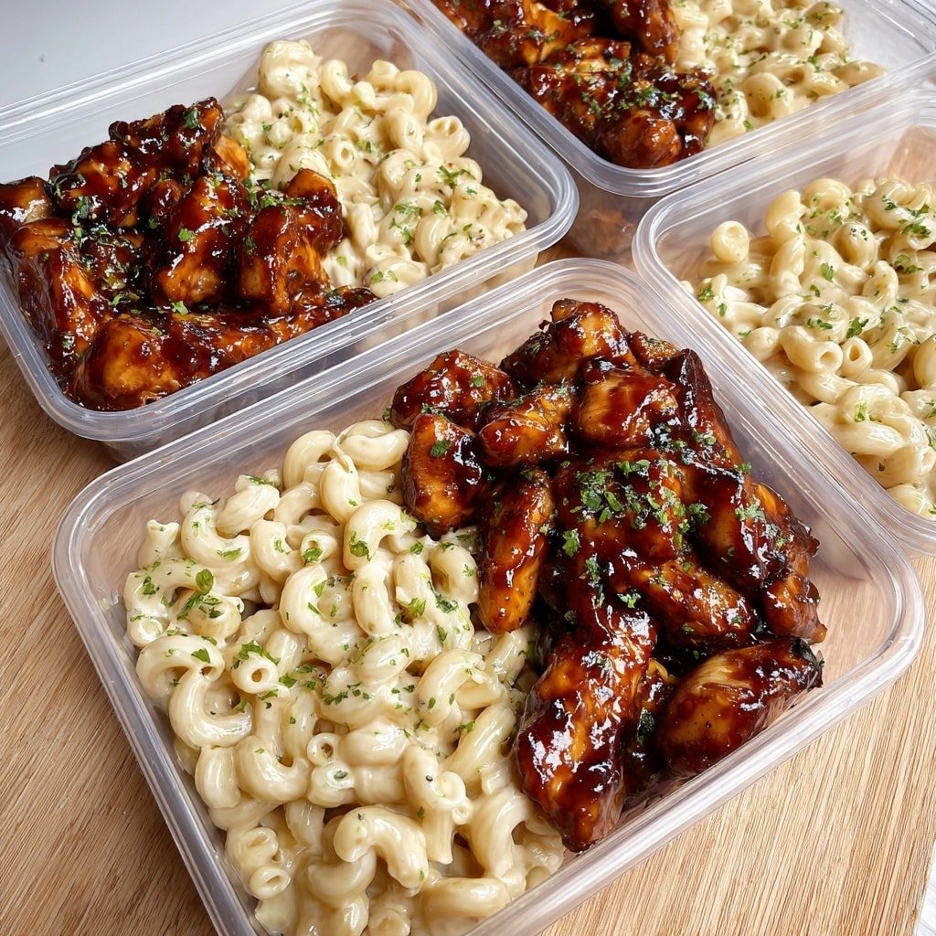The image shows four clear plastic rectangular meal containers filled with creamy macaroni and glazed chicken pieces. Each container is divided into two sections: the front or left side holds glossy, dark brown glazed chicken chunks with a shiny texture and some green herb sprinkles on top, while the back or right side holds a pale beige creamy macaroni pasta coated in a smooth sauce with small green herb bits sprinkled evenly. The containers are placed on a light wood surface. photo taken with an iphone --ar 1:1 --v 7 — Honey Pepper Chicken Mac and Cheese, Honey Pepper Chicken recipe, cheesy chicken pasta with honey and pepper, easy chicken mac and cheese, flavorful comfort food recipes