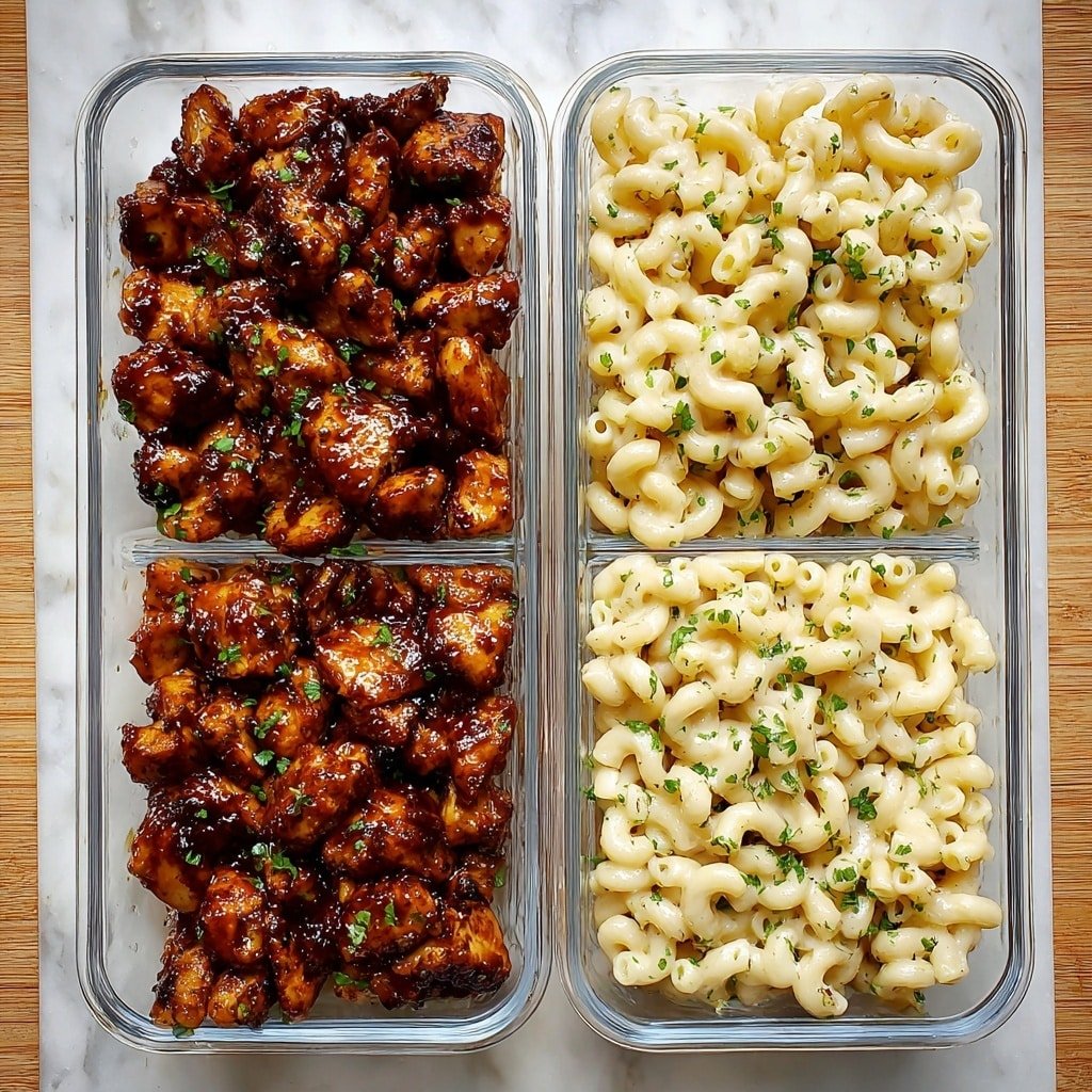 The image shows rectangular white containers with two layers of food inside, placed on a wooden surface. Each container is filled halfway with creamy, pale yellow macaroni topped with small green herb pieces. The second layer consists of a shiny, dark brown glazed chicken with a sticky texture, garnished with finely chopped green herbs. The contrast between the smooth macaroni and the glossy chicken pieces creates a visually rich meal. The containers are closely packed, showing the same pattern of layers repeated. Photo taken with an iphone --ar 1:1 --v 7 — Honey Pepper Chicken Mac and Cheese, Honey Pepper Chicken recipe, cheesy chicken pasta with honey and pepper, easy chicken mac and cheese, flavorful comfort food recipes