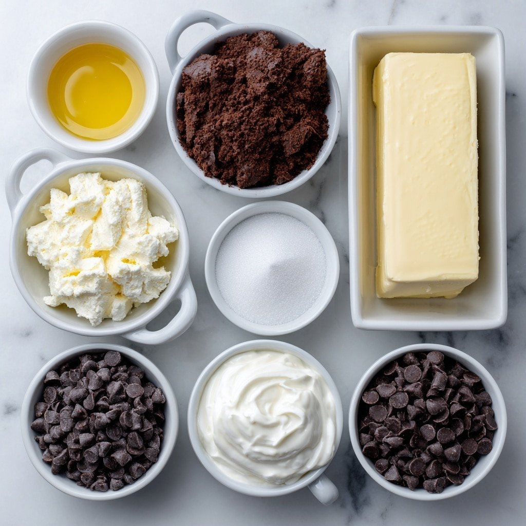 Flat lay of chocolate cookie crumbs in a small simple white ceramic bowl, a small white ceramic bowl with melted butter, a block of fresh cream cheese, a small white ceramic bowl of granulated sugar, a small white ceramic bowl with vanilla extract, a small white ceramic bowl filled with mini semi-sweet chocolate chips, a small white ceramic bowl with heavy cream, and a small white ceramic bowl filled with semi-sweet chocolate chips, all arranged in perfect symmetry, placed on a clean white marble surface, soft natural light, photo taken with an iPhone, professional food photography style, fresh ingredients, white ceramic bowls, no bottles, no duplicates, no utensils, no packaging --ar 1:1 --v 7 --p m7354639359234015250 — Chocolate Chip Cheesecake Bars Chocolate Chip Cheesecake Bars Recipe Easy no-bake cheesecake bars Chocolate chip dessert bars