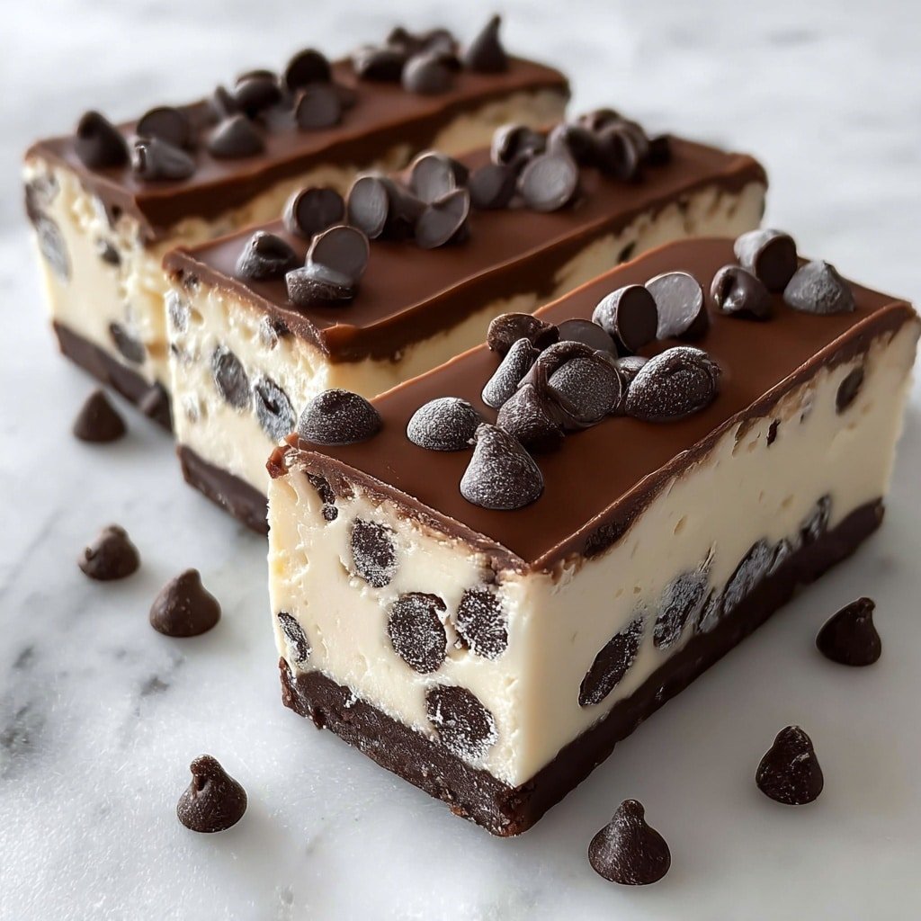 Three rectangular dessert bars are shown on a white marbled surface, each with three layers. The bottom layer is a thin dark chocolate crust. The middle layer is thick and creamy white with many dark chocolate chips embedded inside. The top layer is a smooth, glossy dark chocolate coating, decorated with scattered dark chocolate chips on top. Some extra dark chocolate chips are placed on the white marbled surface around the bars. Photo taken with an iphone --ar 1:1 --v 7 — Chocolate Chip Cheesecake Bars Chocolate Chip Cheesecake Bars Recipe Easy no-bake cheesecake bars Chocolate chip dessert bars