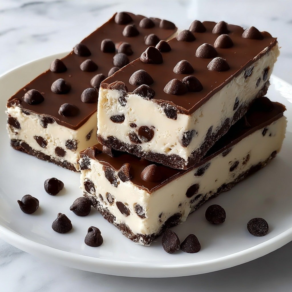 The image shows three rectangular cake bars placed side by side on a white plate, on a white marbled surface. Each bar has three clear layers: the bottom is a thin, dark chocolate crust; the middle is a thick creamy white layer with dark chocolate chips scattered inside; the top is a smooth and shiny layer of dark chocolate topped with whole dark chocolate chips arranged evenly. Some loose dark chocolate chips are scattered around the bars on the plate. The texture looks soft yet firm with a glossy dark chocolate finish on top. Photo taken with an iphone --ar 1:1 --v 7 — Chocolate Chip Cheesecake Bars Chocolate Chip Cheesecake Bars Recipe Easy no-bake cheesecake bars Chocolate chip dessert bars