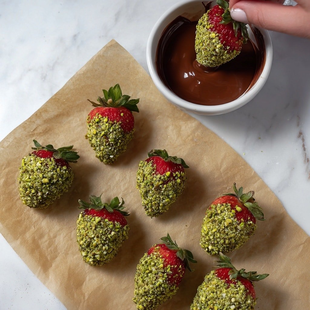 The image shows seven strawberries arranged on parchment paper over a white marbled surface. Each strawberry is covered with a thick, rough coating of green crushed nuts, with some red parts of the strawberries and their green leaves visible at the top. In the upper right corner, a woman's hand is dipping one strawberry into smooth, dark chocolate inside a small white bowl. The scene captures the process of making green nut-coated chocolate strawberries. photo taken with an iphone --ar 1:1 --v 7 — Dubai Chocolate Strawberries with Pistachio Spread, chocolate strawberries with pistachio, luxurious strawberry dessert, pistachio-dipped strawberries, festive fruit treat