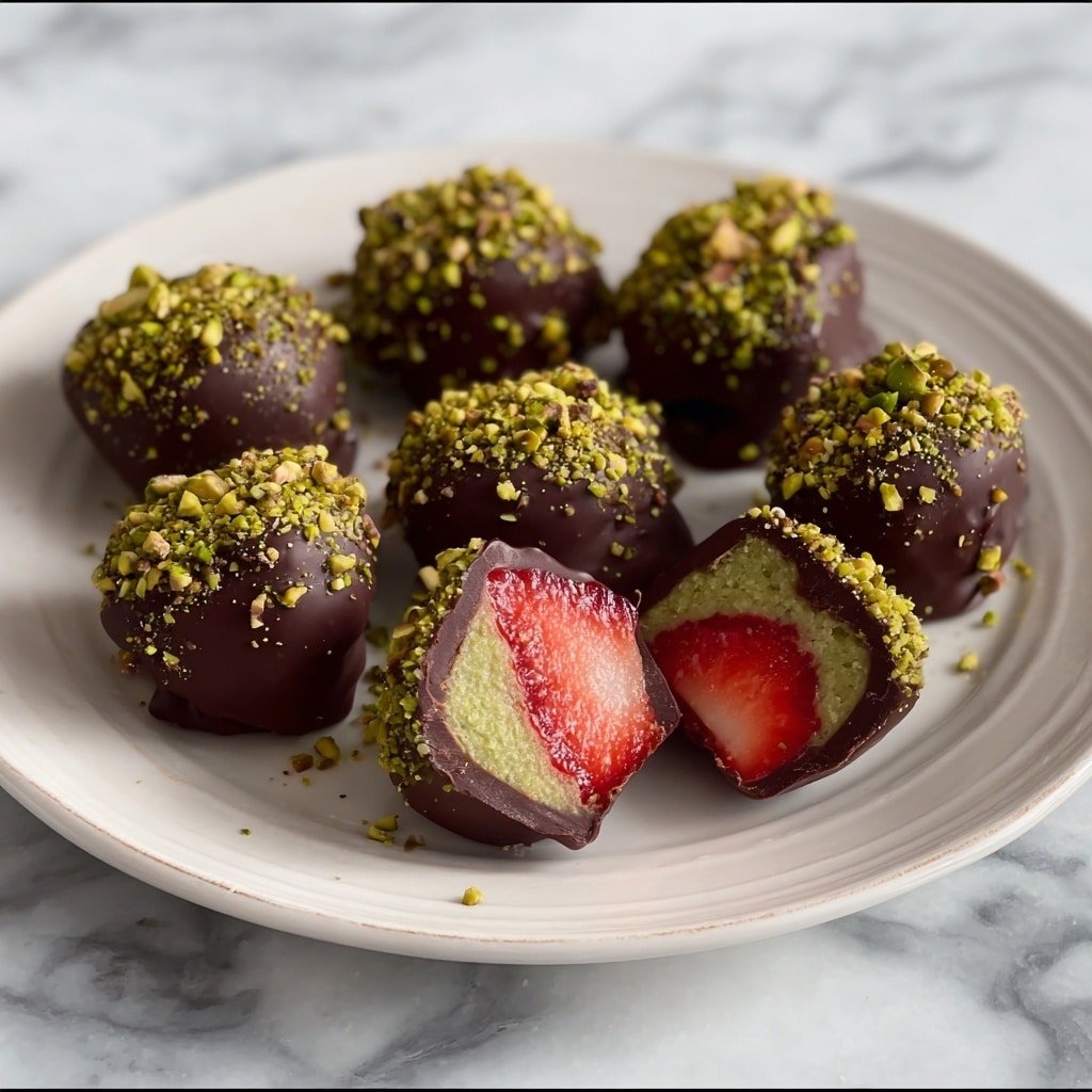 The image shows eight strawberries covered in three layers on a white scalloped-edge plate: a bright red strawberry center, a thick green layer surrounding the strawberry which looks smooth and creamy, and a glossy dark brown chocolate coating on the outside sprinkled with small green nut pieces. One strawberry is cut open to clearly show the red fruit inside, the green layer around it, and the chocolate shell. The plate sits on a white marbled surface. photo taken with an iphone --ar 1:1 --v 7 — Dubai Chocolate Strawberries with Pistachio Spread, chocolate strawberries with pistachio, luxurious strawberry dessert, pistachio-dipped strawberries, festive fruit treat
