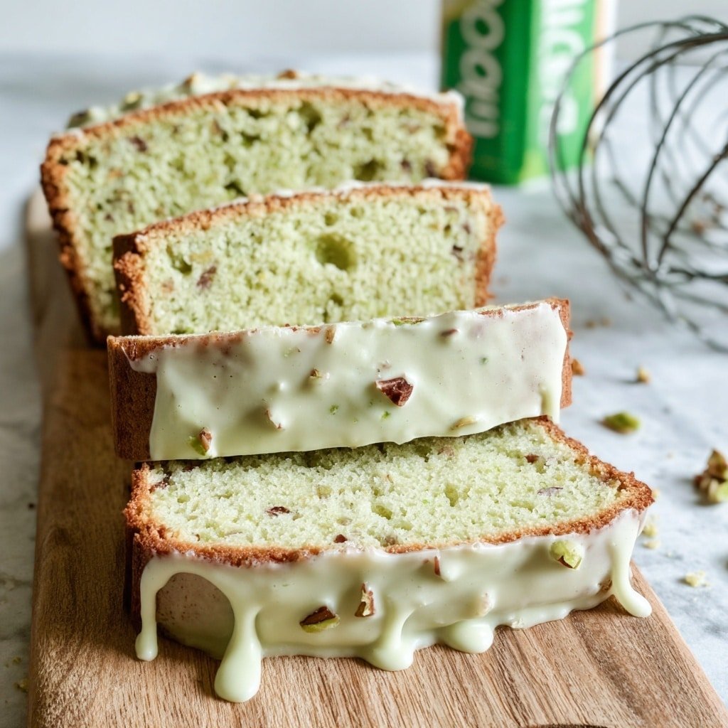 The image shows three slices of light green cake with small pieces of nuts inside, stacked closely on a wooden board. The cake has a thin, slightly browned crust on top, with a shiny white glaze that drips gently down the sides. More nut pieces are sprinkled on the glaze. In the background, there is a metal whisk and a green and white carton. The setting is a white marbled surface. photo taken with an iphone --ar 1:1 --v 7 — Pistachio Pudding Bread, Pistachio Bread Recipe, Easy Nutty Quick Bread, Moist Pistachio Loaf, Homemade Pistachio Dessert Bread