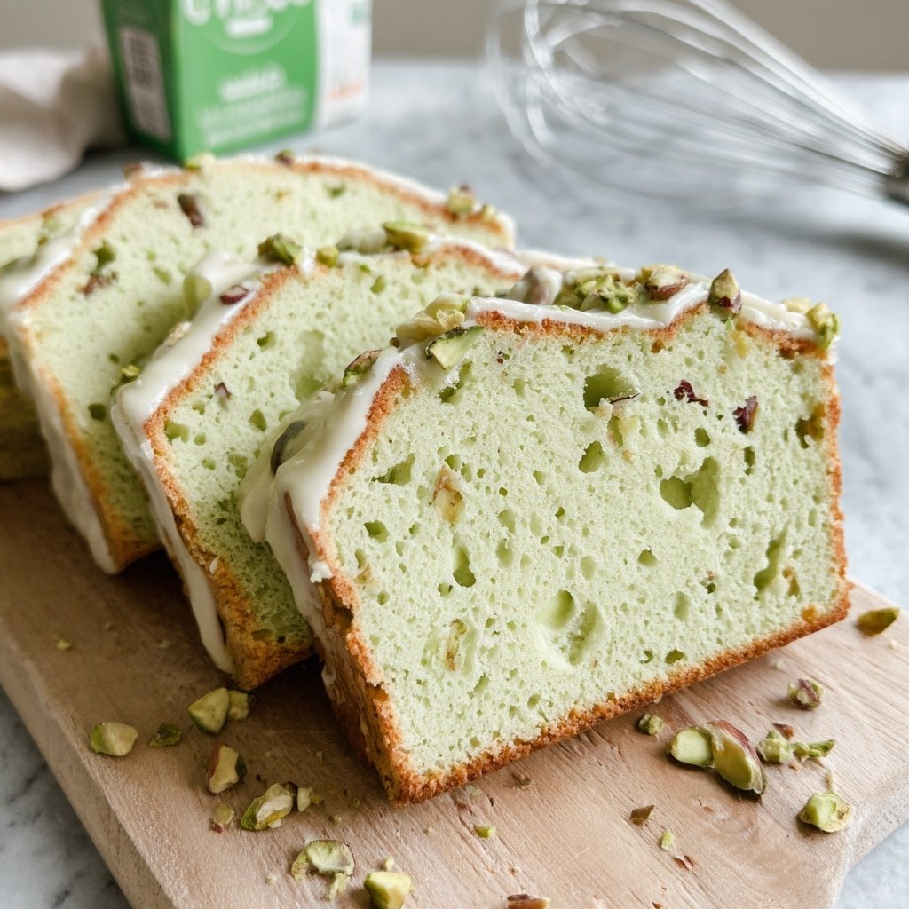 The image shows four slices of green pistachio loaf cake arranged leaning against each other on a light wooden board. Each slice has a soft and moist texture with small air holes and bits of pistachio nuts visible inside, creating a speckled green color throughout. The top crust is golden brown with a light glaze coating, sprinkled with crushed pistachios that add a crunchy texture and a contrast in color. In the background, there is a woman's hand holding a metal whisk and a carton of milk. The whole scene is set on a white marbled surface. photo taken with an iphone --ar 1:1 --v 7 — Pistachio Pudding Bread, Pistachio Bread Recipe, Easy Nutty Quick Bread, Moist Pistachio Loaf, Homemade Pistachio Dessert Bread