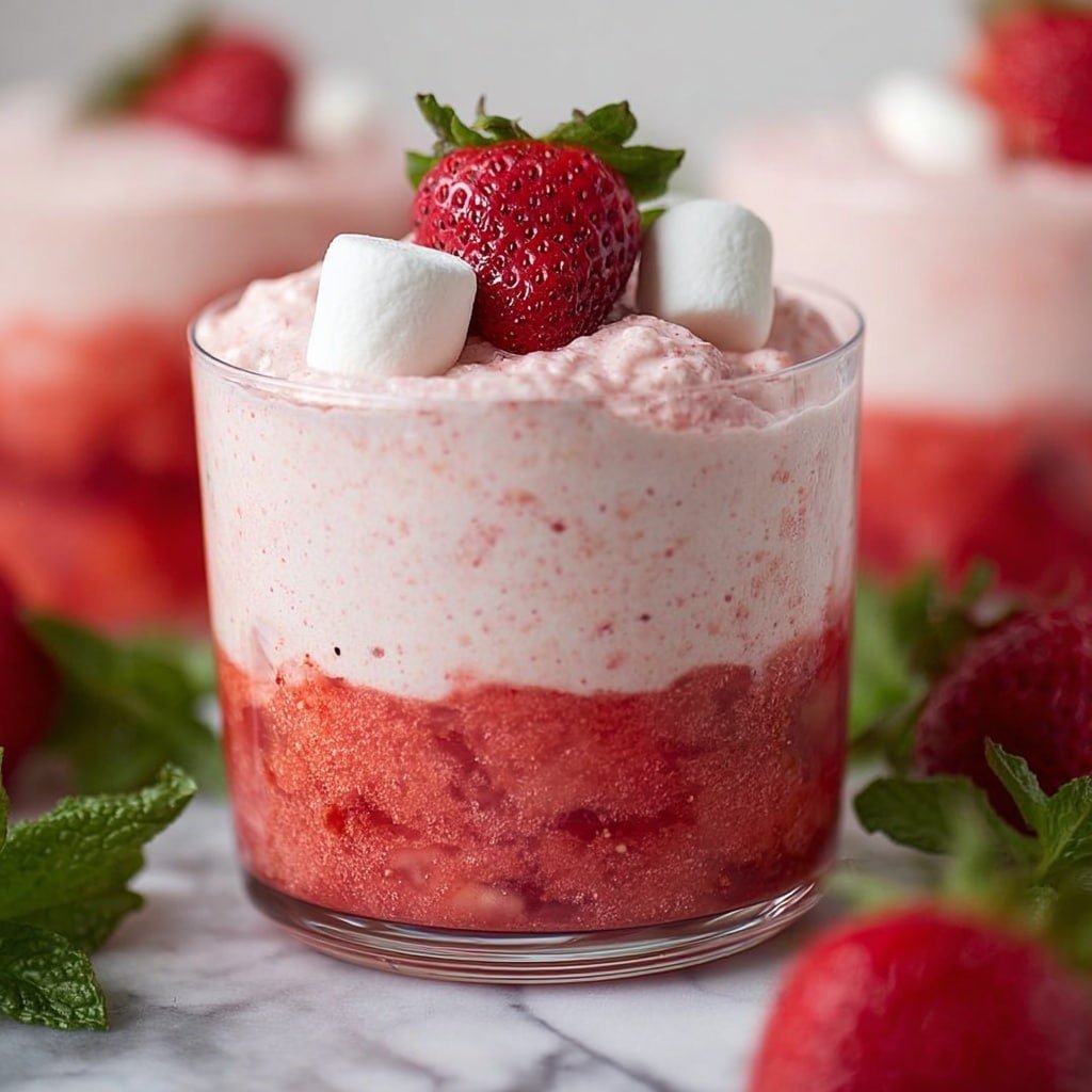 The image shows five clear glass cups filled with a two-layer strawberry dessert placed on a white marbled surface. Each cup has a bottom layer of bright red strawberry puree with a slightly chunky texture, topped with a thick, light pink creamy layer that looks smooth and fluffy. At the top of each dessert, there is a fresh whole strawberry and two small white round meringue pieces as decoration. Around the cups, there are several fresh strawberries with green leaves and a few scattered white meringues. The background is soft and neutral, keeping the focus on the vibrant desserts. photo taken with an iphone --ar 1:1 --v 7 — Delicious Strawberry Mousse, strawberry mousse recipe, easy strawberry mousse, homemade strawberry mousse dessert, creamy strawberry mousse