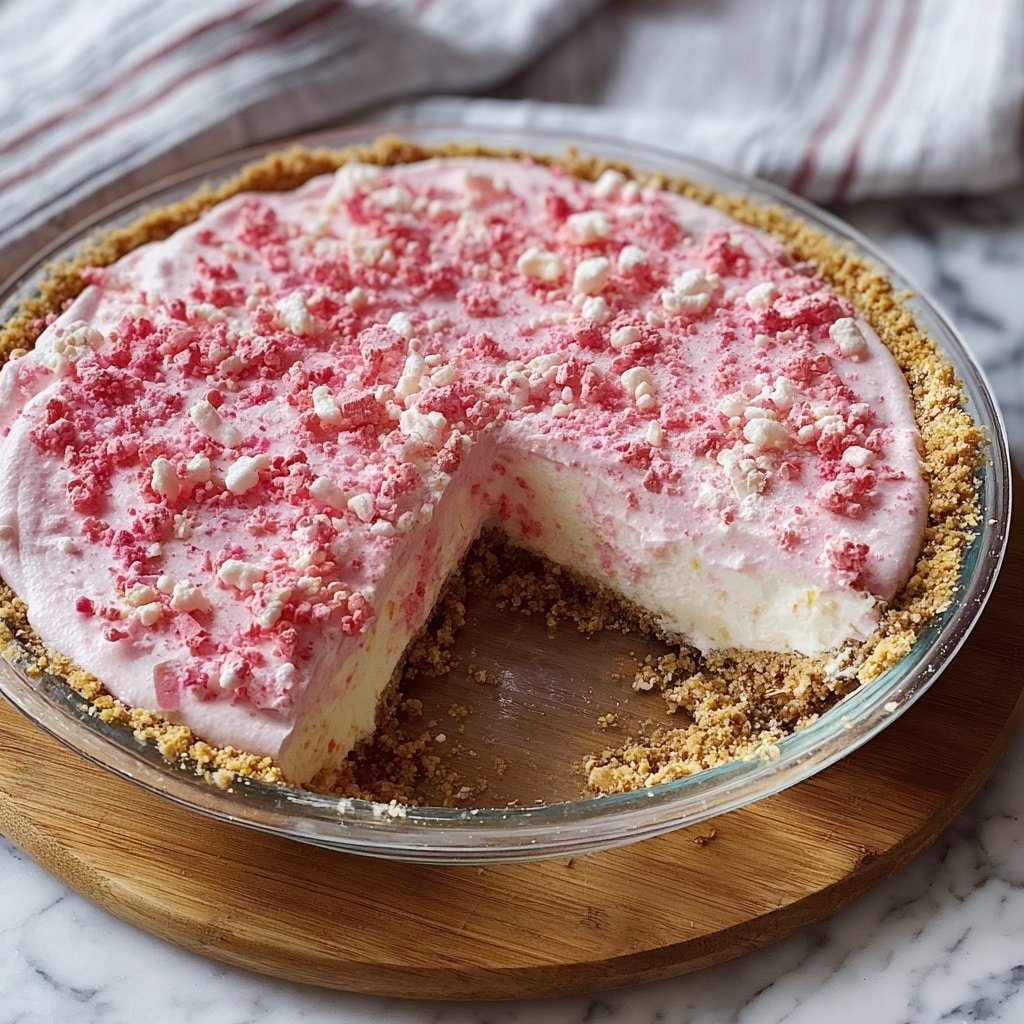 A single slice of pink strawberry mousse pie sits on a white plate with a scalloped edge, showing two layers: a thick, light pink mousse top layer with small strawberry bits and a thinner, slightly darker pink layer beneath. The crust is crumbly and golden brown, with some crumbs scattered around the pie on the plate. Next to the pie slice is a fresh whole strawberry with visible seeds and green leaves. In the background, there is a clear bowl full of fresh strawberries, all placed on a white marbled surface. photo taken with an iphone --ar 1:1 --v 7 — Strawberry Shortcake Freezer Pie, easy summer dessert, no-bake strawberry pie, cool fruit pie recipes, how to make freezer pie