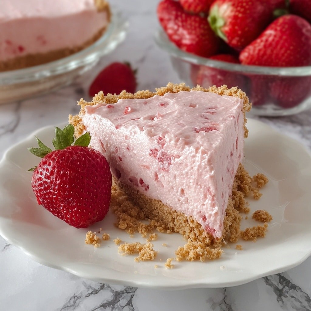 A round dessert with three layers is shown on a white marbled surface. The bottom layer is a crumbly texture in golden brown color, forming a thick crust around the edges on a clear glass plate. The middle layer is smooth and creamy with a pale pink color, evenly spread inside the crust. The top layer is a rough crumbly mix of white and bright pink pieces, piled mostly in the center, covering the middle layer partially. A small white plate with more crumbs of the same pink and white topping sits nearby, and a pink fringed cloth is placed on the side. Photo taken with an iphone --ar 1:1 --v 7 — Strawberry Shortcake Freezer Pie, easy summer dessert, no-bake strawberry pie, cool fruit pie recipes, how to make freezer pie