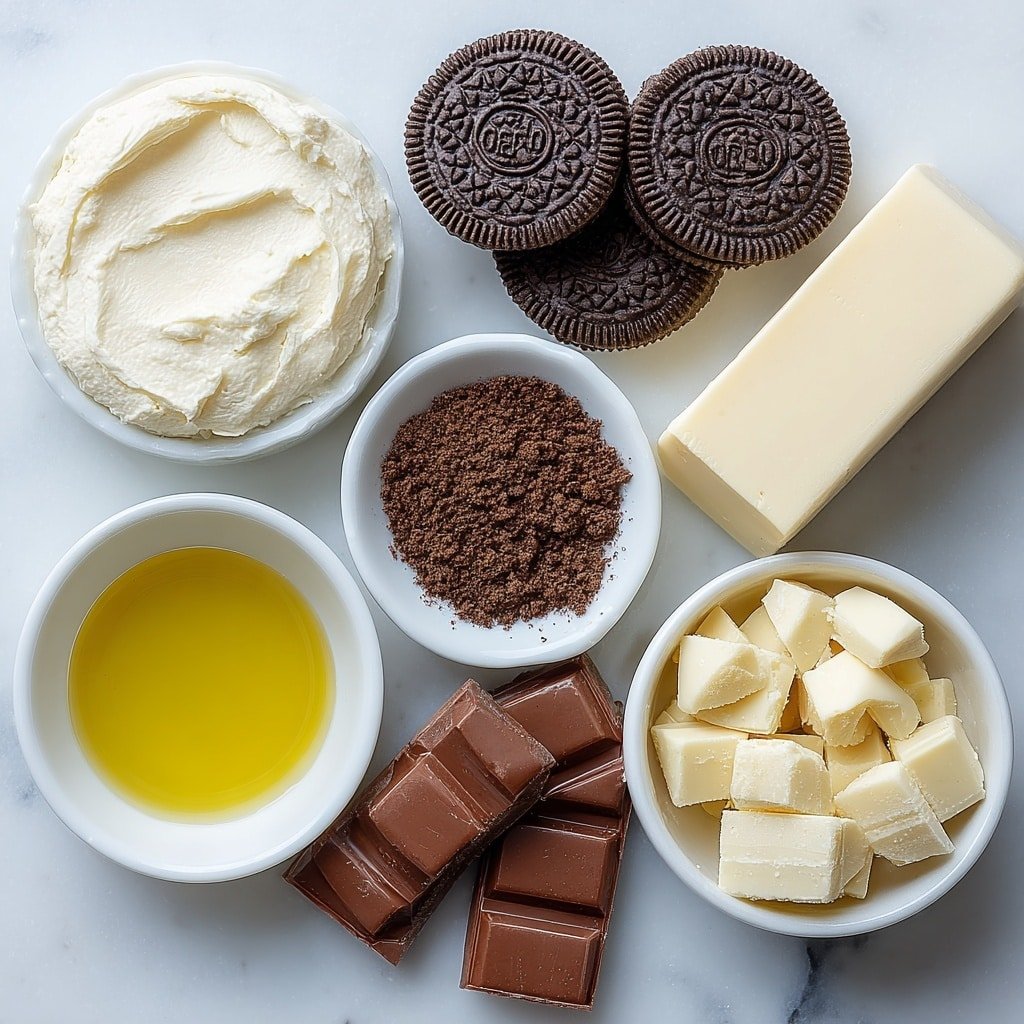 Flat lay of a small pile of whole fresh Oreo cookies with visible dark chocolate and creamy filling, a block of smooth cream cheese with a small portion sliced off showing its soft texture, a handful of chunky coarsely chopped semi-sweet and white chocolate pieces mixed together, a small white ceramic bowl of clear vegetable oil, and a tiny white bowl containing finely crushed Oreo crumbs placed symmetrically around each other, all arranged on a clean white marble surface, soft natural light, photo taken with an iPhone, professional food photography style, fresh ingredients, white ceramic bowls, no bottles, no duplicates, no utensils, no packaging --ar 1:1 --v 7 --p m7354639359234015250 — Oreo Truffles, easy Oreo Truffles, no-bake Oreo Truffles, chocolate-covered Oreo balls, holiday Oreo treats