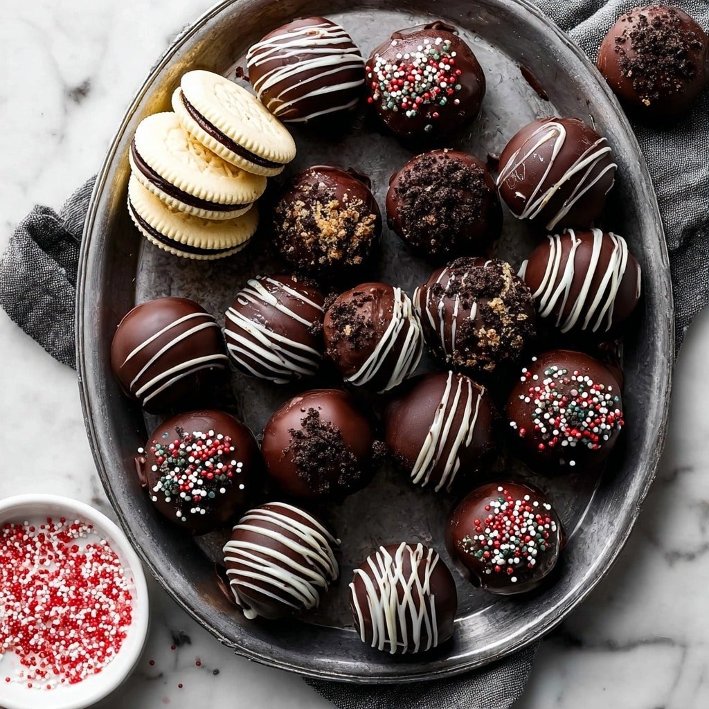 A metal tray filled with many round chocolate truffles, each covered with smooth dark chocolate. Some truffles have white chocolate drizzles creating thin stripes, while others are topped with small colorful sprinkles or crushed cookie crumbs. A small stack of white cream-filled sandwich cookies sits on the tray's edge. Next to the tray on a white marbled surface, there is a white bowl holding red and white sprinkles and a couple of truffles placed beside it. The overall look is rich and festive with dark and white contrasts. Photo taken with an iphone --ar 1:1 --v 7 — Oreo Truffles, easy Oreo Truffles, no-bake Oreo Truffles, chocolate-covered Oreo balls, holiday Oreo treats
