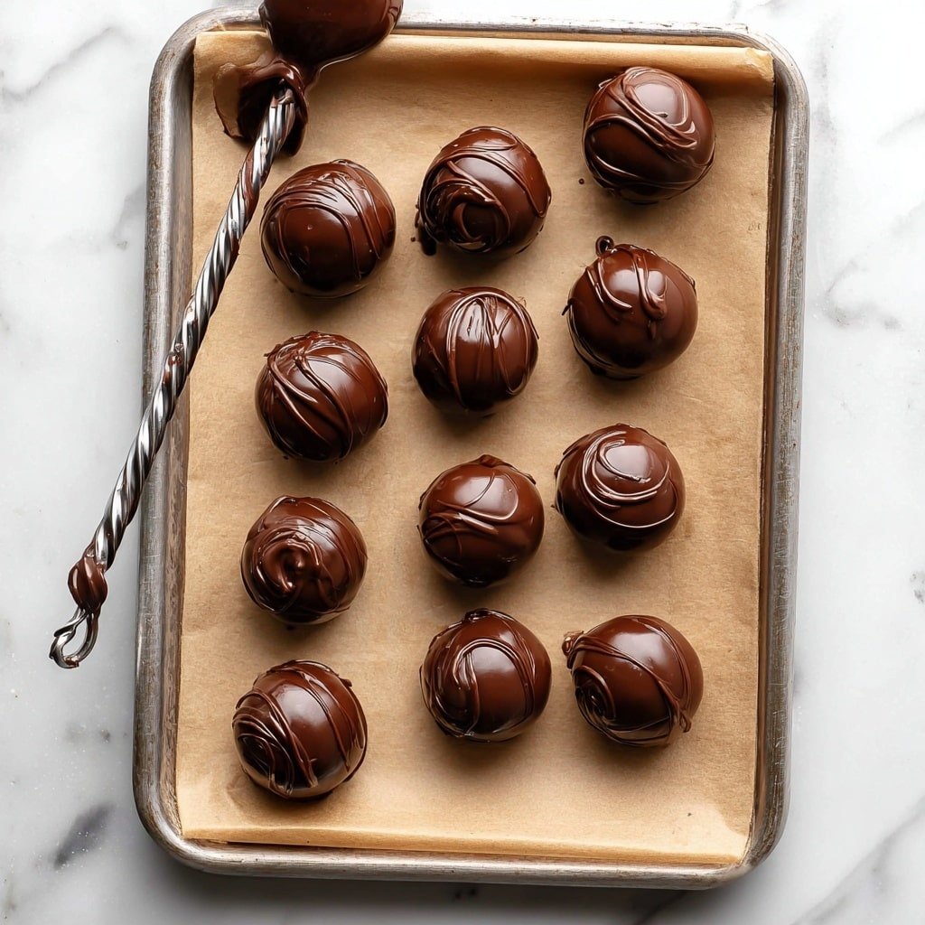 A green speckled tray filled with several rows of round chocolate balls. The top row has dark chocolate balls with little sprinkles or crumbs on top. Below that is a row of smooth white chocolate balls with white lines lightly drizzled across them, one showing a bite revealing a light inside. The next row has dark chocolate balls decorated with colorful sprinkles on top. Below them are dark chocolate balls decorated with white lines drizzled over them. The bottom row again has plain dark chocolate balls topped with crumbs or small sprinkles. Surrounding the tray are a few dark chocolate cookies and some small bowls with red sugar crystals. The whole scene is set on a white marbled surface. Photo taken with an iphone --ar 1:1 --v 7 — Oreo Truffles, easy Oreo Truffles, no-bake Oreo Truffles, chocolate-covered Oreo balls, holiday Oreo treats