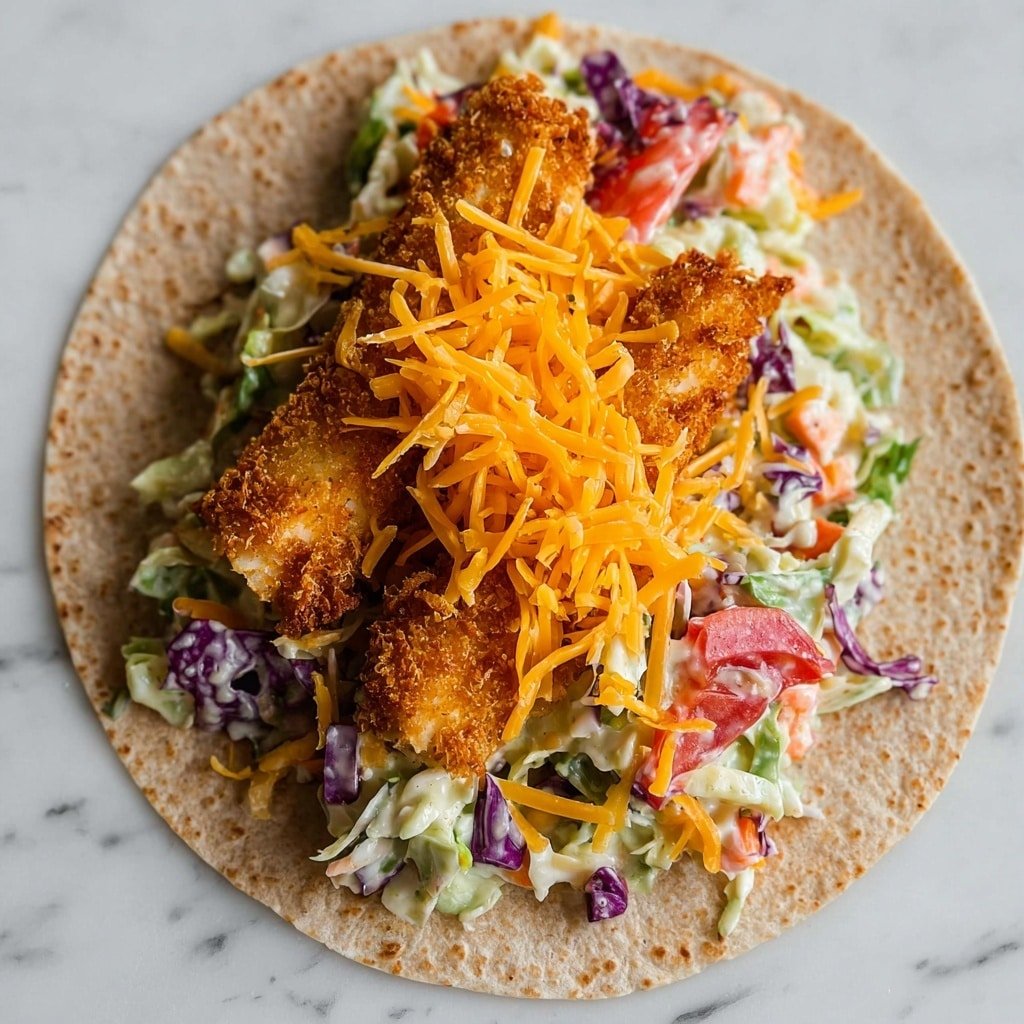 A whole wheat tortilla lay flat on a white marbled surface, topped with a creamy coleslaw mixture featuring chopped green and purple cabbage, small carrot pieces, and bits of tomato. On top of the coleslaw, two crispy golden-brown breaded strips are placed side by side. The entire filling is sprinkled with a generous layer of bright orange shredded cheddar cheese, adding a sharp contrast in color and texture. Photo taken with an iphone --ar 1:1 --v 7 — Honey Mustard Chicken Wraps, easy chicken wrap recipes, healthy lunch ideas, quick dinner recipes, flavorful chicken wraps