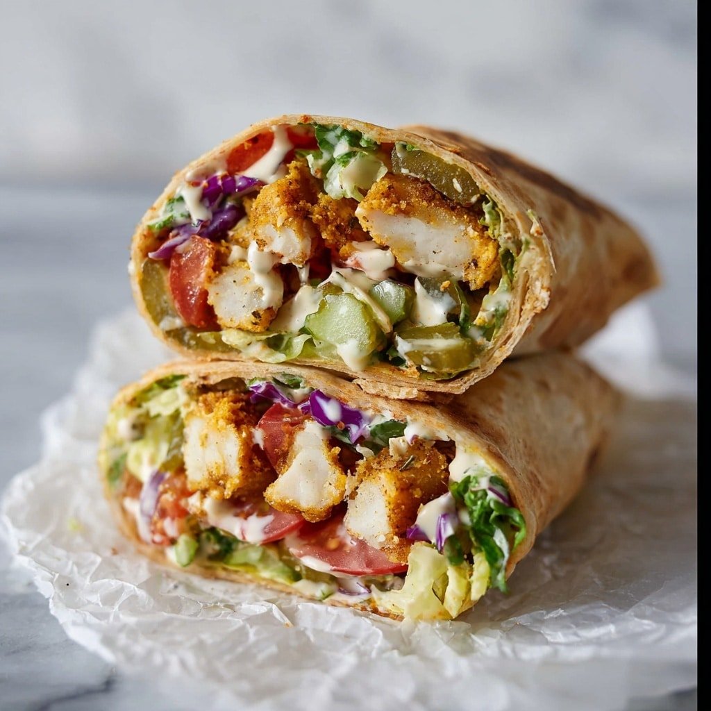 A black plate on a white marbled surface holds a wrap and fresh vegetables. The wrap is folded, with one half cut open showing layers inside: crispy light brown chicken pieces, green lettuce, purple cabbage, diced red tomatoes, and white sauce all wrapped in a light brown tortilla. Next to the wrap are green celery sticks and bright orange carrot sticks arranged in a neat pile. In front of the vegetables, there is a small bunch of shiny purple grapes with green stems. Photo taken with an iphone --ar 1:1 --v 7 — Honey Mustard Chicken Wraps, easy chicken wrap recipes, healthy lunch ideas, quick dinner recipes, flavorful chicken wraps