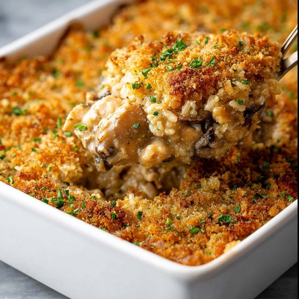 A close-up view of a baked casserole served in a white dish with a white marbled surface beneath. The casserole has a golden brown, crispy crumb topping mixed with small green herb bits scattered evenly on top. Below the crust is a creamy, thick mixture with visible chunks of light beige chicken, some dark bits likely mushrooms or herbs, and rice all mixed together. A woman's hand is lifting a large triangular scoop, showing the thick, rich texture of the layers inside. The overall colors are warm golden, beige with hints of green. photo taken with an iphone --ar 1:1 --v 7 — Creamy Chicken and Wild Rice Casserole, comfort food recipes, easy chicken casserole, cheesy rice bake, healthy chicken dinner ideas