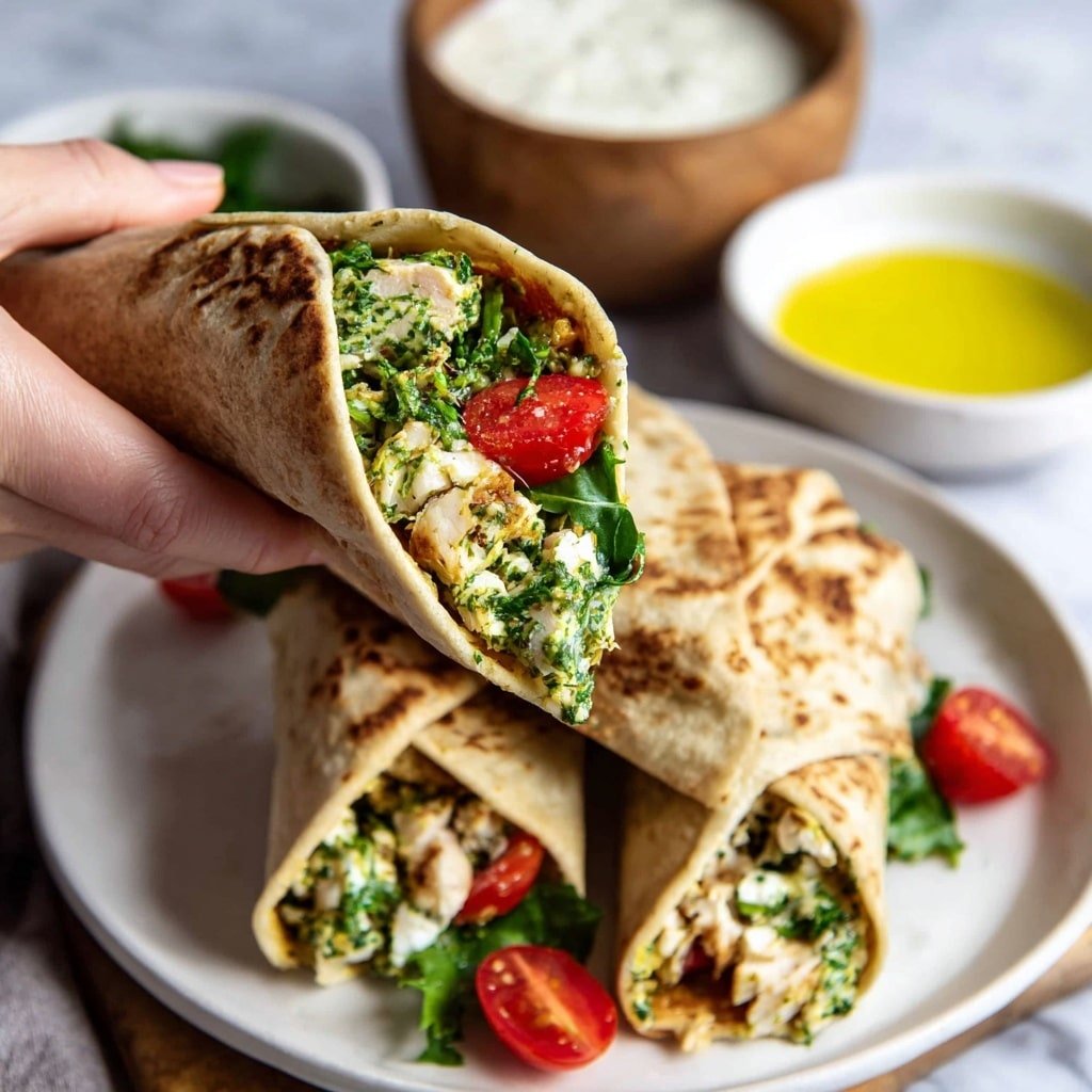 A hand is holding a toasted wrap folded into a cone shape, filled with a mix of green chopped herbs, white chunks of chicken, and bright red cherry tomatoes, with leafy greens visible inside. Underneath, there are two more wraps on a white plate, each lightly browned and folded in a rectangular style. In the background, there is a wooden bowl with a white creamy sauce and a white bowl with a yellow liquid on a white marbled surface. photo taken with an iphone --ar 1:1 --v 7 — Chicken Pesto Wraps, quick lunch wraps, healthy chicken wraps, easy dinner wraps, veggie chicken wraps