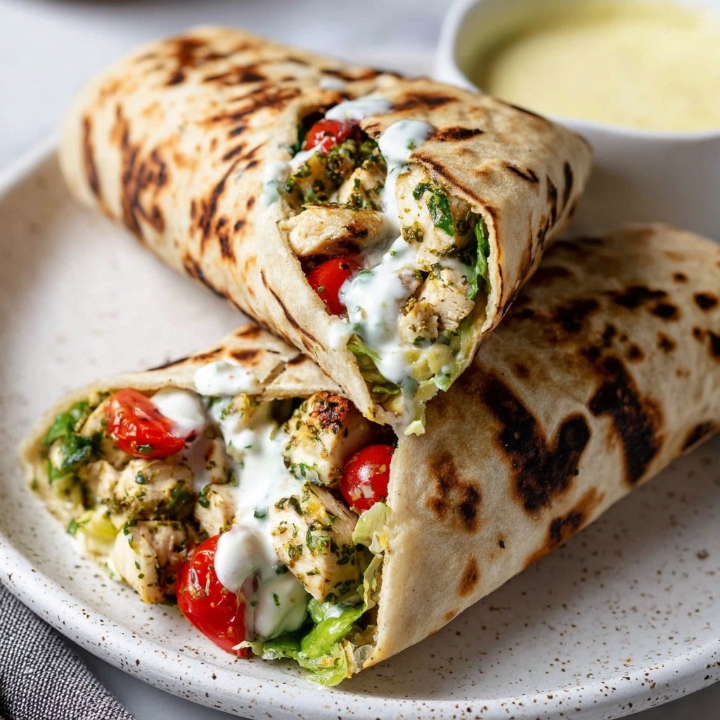 Two grilled wraps are stacked on a white speckled plate set on a white marbled surface. Each wrap has a lightly toasted, golden brown tortilla as the first layer. Inside, there is a mix of grilled white meat pieces with green herbs, bright red cherry tomatoes, and fresh green lettuce. On top, there is a creamy white sauce drizzled over the filling. In the background, a white bowl contains a light yellow sauce. photo taken with an iphone --ar 1:1 --v 7 — Chicken Pesto Wraps, quick lunch wraps, healthy chicken wraps, easy dinner wraps, veggie chicken wraps