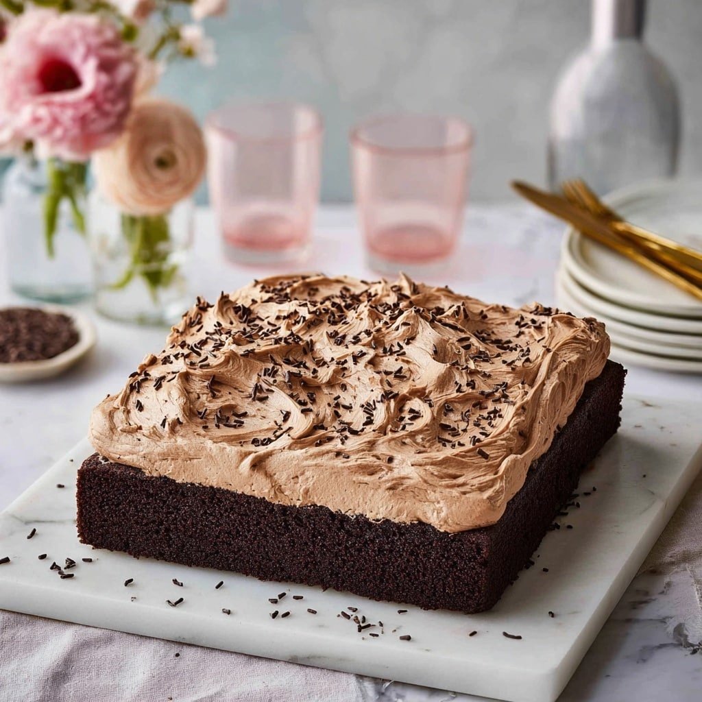 A square chocolate cake with one thick dark brown layer at the bottom and a thick spread of light brown chocolate frosting on top. The frosting has a textured, swirled look with rough peaks and is sprinkled with small dark chocolate bits. The cake sits on a white plate placed on a white marbled surface, with two light pink tinted glasses, a bottle, a small vase with pink flowers, and white plates with gold forks blurred in the background. Photo taken with an iphone --ar 1:1 --v 7 — Delicious Chocolate Sheet Cake, chocolate sheet cake, moist chocolate cake recipe, easy chocolate cake, decadent chocolate dessert