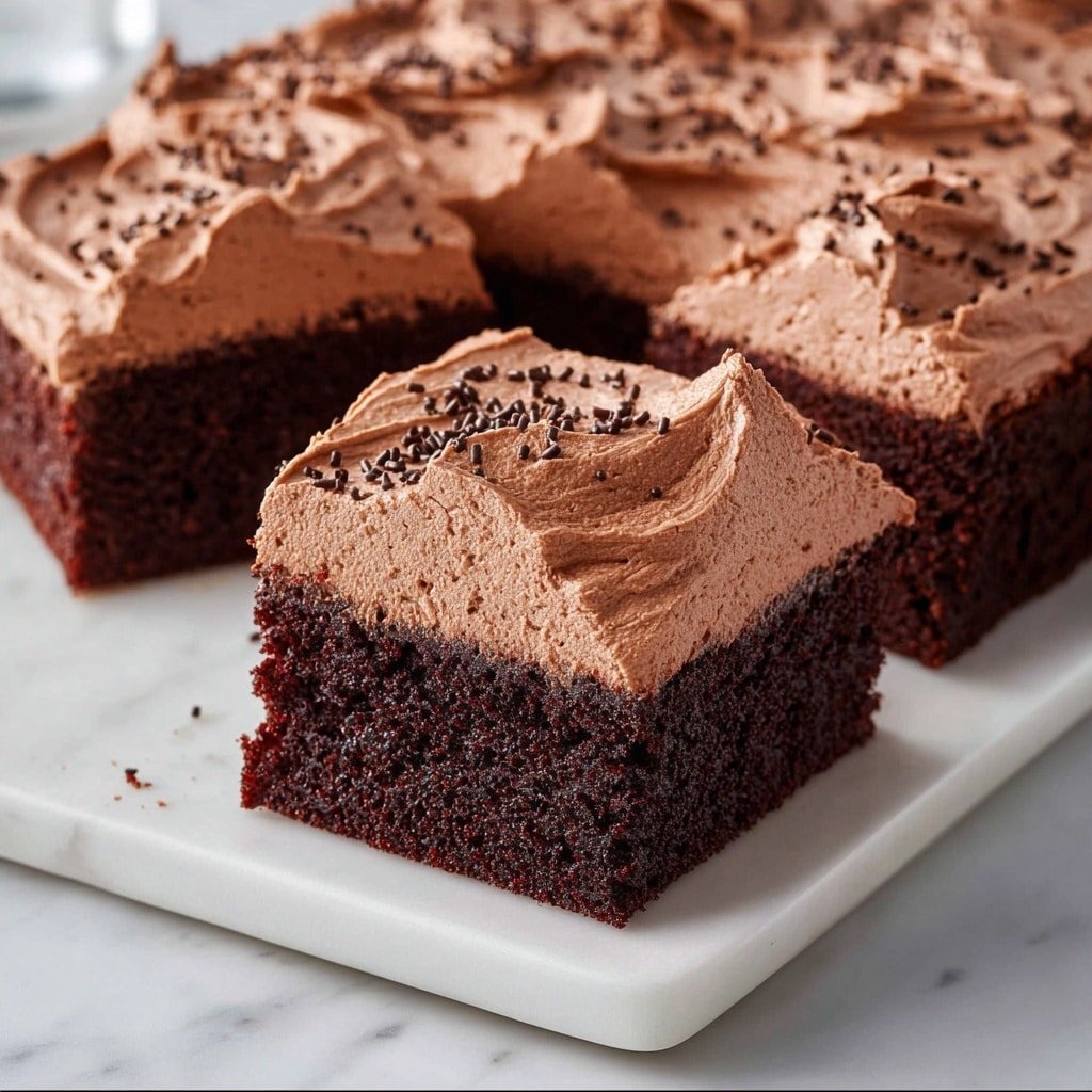 A square piece of chocolate cake with one thick layer of dark, moist sponge on the bottom, topped by a thick, creamy layer of light brown chocolate frosting spread with soft, swirled peaks, sprinkled with small dark chocolate bits. More pieces of the cake are on a rectangular white plate in the background, showing the two layers clearly, with the frosting having a smooth, wavy texture and all sprinkled with chocolate bits. The scene is set on a white marbled surface with a small clear round vase holding delicate pink and white flowers nearby. Photo taken with an iphone --ar 1:1 --v 7 — Delicious Chocolate Sheet Cake, chocolate sheet cake, moist chocolate cake recipe, easy chocolate cake, decadent chocolate dessert