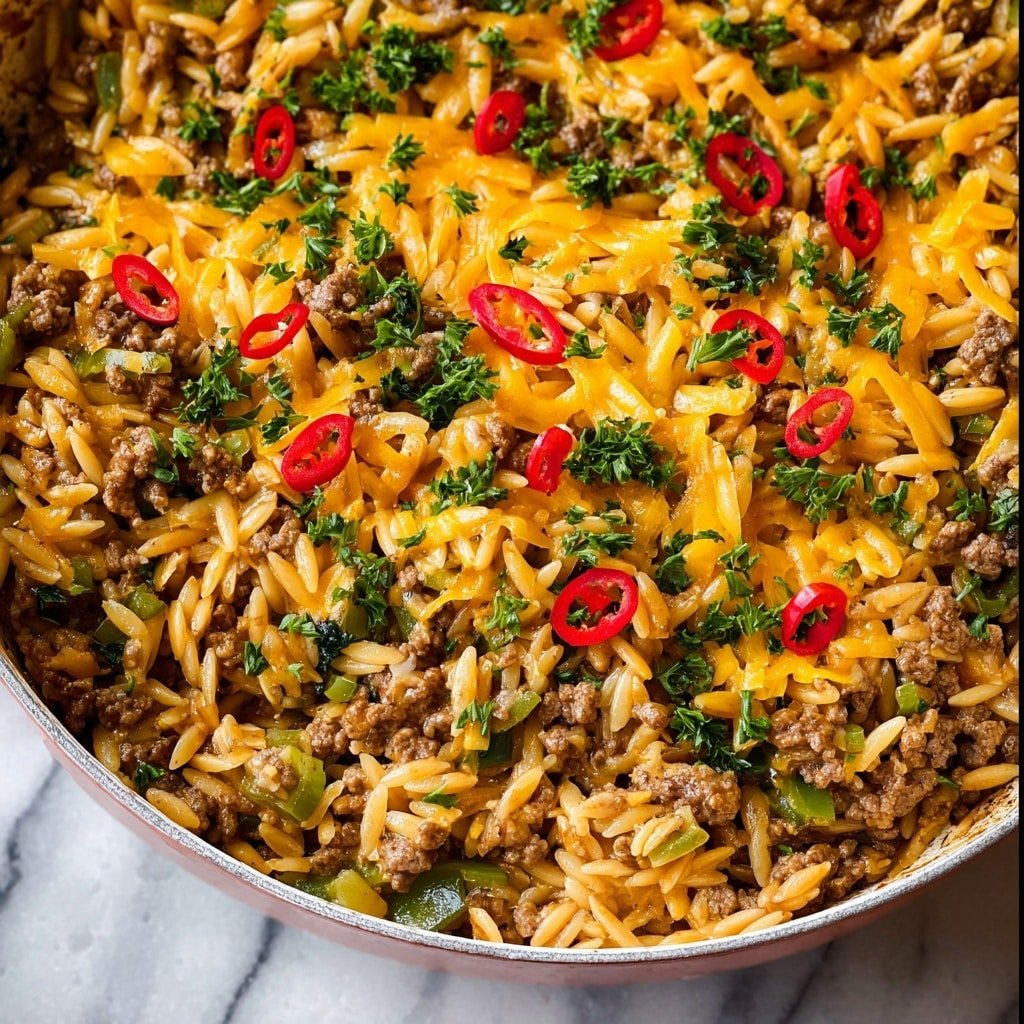 The image shows a close-up of a skillet filled with cooked orzo pasta mixed with browned ground meat and small pieces of green bell pepper. The dish is topped with shredded yellow cheddar cheese, thin slices of red chili pepper, and chopped fresh parsley scattered evenly throughout. The orzo pasta has a glossy, slightly saucy texture, and the cheese is slightly melted, blending with the warm ingredients. The colors are rich with the golden cheese, red chili slices, green herbs, and browned meat all visible in one layer. The skillet is white and placed on a white marbled surface. photo taken with an iphone --ar 1:1 --v 7 — Cajun Ground Beef Orzo, Cajun Ground Beef Recipe, Easy Cajun Pasta, Spicy Beef and Orzo, Comforting Cajun Dinner