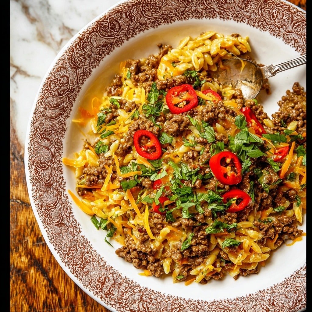 The image shows a close-up of a white pan filled with one mixed layer of cooked orzo pasta combined with small browned pieces of ground meat and diced green bell peppers, all coated in a rich, orange-brown sauce. Fresh herbs are sprinkled lightly throughout, adding small green flecks. A silver spoon scoops up a portion from the center, showing the texture of the moist and sticky mixture. The white marbled surface beneath the pan is visible around the edges. photo taken with an iphone --ar 1:1 --v 7 — Cajun Ground Beef Orzo, Cajun Ground Beef Recipe, Easy Cajun Pasta, Spicy Beef and Orzo, Comforting Cajun Dinner