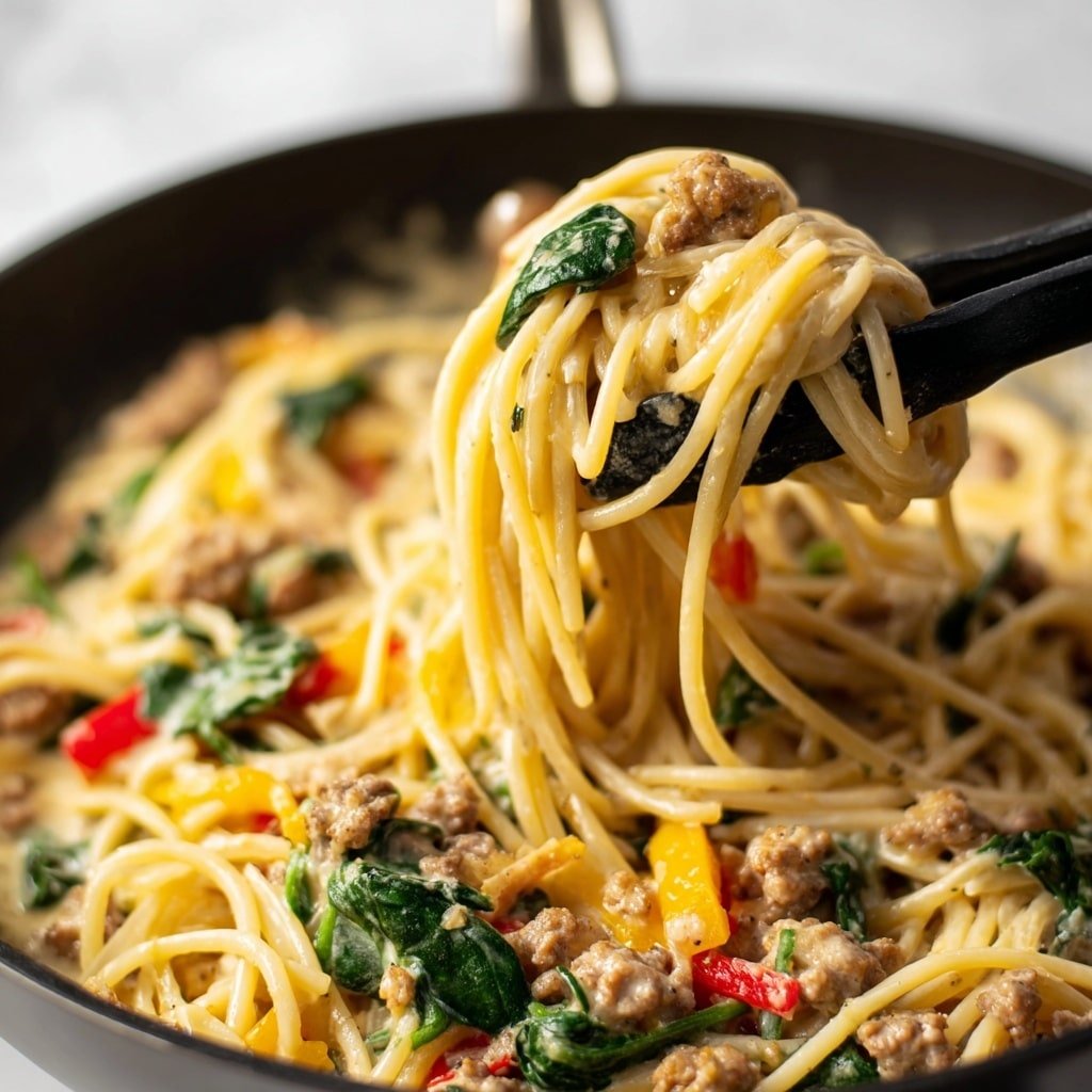A close-up view of creamy spaghetti pasta mixed with crumbled brown sausage, bright green spinach leaves, and small pieces of red and yellow bell peppers. The pasta strands are coated in a light cream sauce and twirled around black tongs held by a woman's hand, all set inside a black pan with a soft white marbled surface blurred in the background. The colors of the vegetables and sausage contrast with the pale yellow pasta to create a rich and tasty look photo taken with an iphone --ar 1:1 --v 7 — Creamy Sausage Pasta with Peppers, sausage pasta recipes, creamy pasta with sausage and peppers, easy sausage pasta dish, comforting pasta dinner