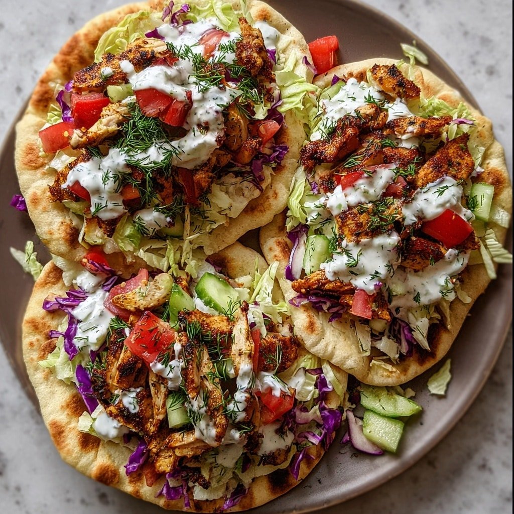 Three flat round pita breads are arranged on a plate over a white marbled surface, each topped with several layers. The base layer is light beige pita with some browned spots, spread with shredded light green lettuce mixed with purple cabbage. On top are golden brown grilled chicken strips with a slightly charred texture. Red tomato chunks and small cucumber slices are scattered over the chicken, followed by a drizzle of white creamy sauce with green herbs. The dish is finished with a sprinkle of fresh green dill. photo taken with an iphone --ar 1:1 --v 7 — Sheet Pan Chicken Pitas with Herb Ranch Slaw, chicken pita sandwiches, easy weeknight dinner ideas, healthy chicken pita recipes, delicious chicken slaw wraps