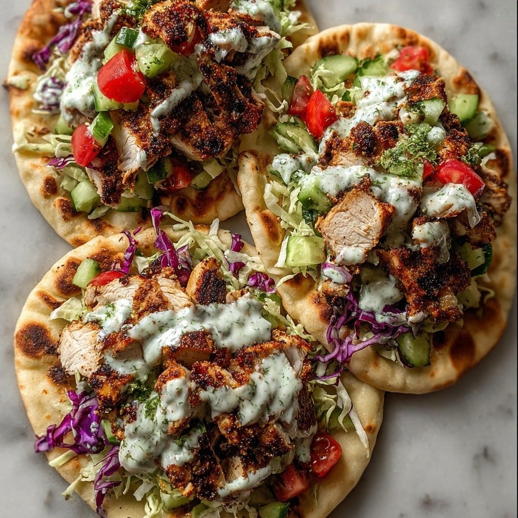 Three pita flatbreads on a white marbled surface are filled with layers starting with light golden flatbread bases. On each flatbread, there is a layer of shredded green and purple cabbage mixed with thin cucumber slices, adding a fresh, crunchy texture. Above, golden-brown seasoned grilled chicken pieces are scattered, looking juicy and tender. Bright red chopped tomato pieces are placed over the chicken, followed by a drizzle of creamy white sauce with small green herb specks. The whole dish is sprinkled with finely chopped green herbs. photo taken with an iphone --ar 1:1 --v 7 — Sheet Pan Chicken Pitas with Herb Ranch Slaw, chicken pita sandwiches, easy weeknight dinner ideas, healthy chicken pita recipes, delicious chicken slaw wraps