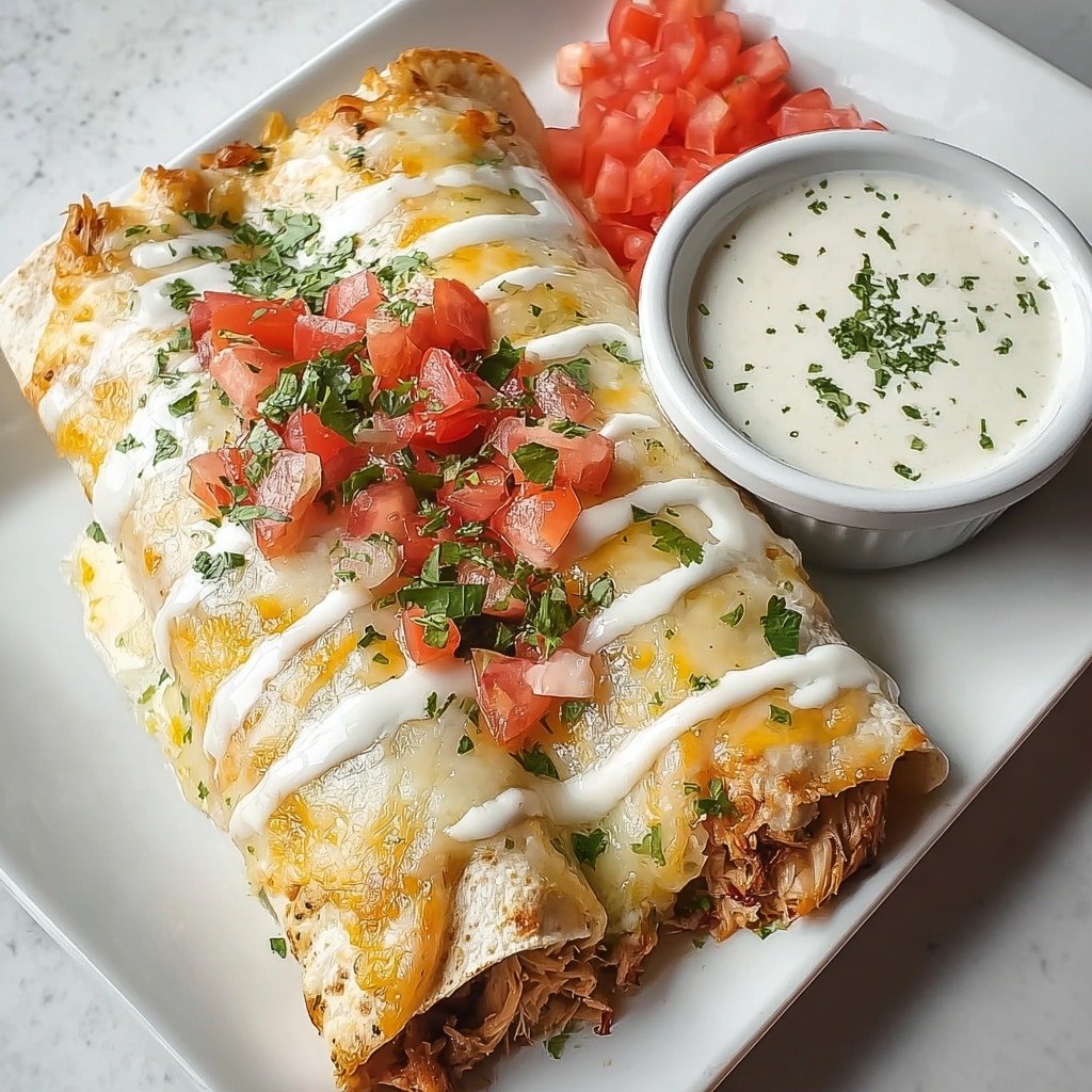 Two enchiladas lie side by side on a white rectangular plate with a white marbled background. Each enchilada is wrapped in a light golden tortilla filled with a visible mix of shredded chicken and meat. The top layer is covered with smooth, melted white cheese with a light yellow cheese drizzled over it, creating a striped pattern. Small red tomato chunks and green cilantro pieces are scattered on top for garnish. To the right side of the plate, there is a small white round bowl filled with a creamy white sauce sprinkled with a few herbs, and some diced tomatoes placed next to it. The photo is taken with an iphone --ar 1:1 --v 7 — Creamy Chicken Enchiladas, chicken enchiladas with creamy sauce, homemade enchiladas recipe, cheesy chicken enchiladas, easy chicken enchiladas