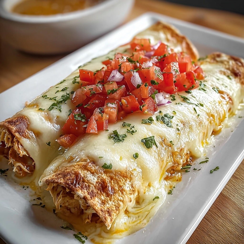 Two rolled tortillas filled with a light brown meat mixture are placed side by side on a white rectangular plate. The tortillas are covered with a thick layer of creamy white sauce that drips slightly onto the plate, and a melted yellowish cheese layer blends with the sauce on top. Bright red diced tomatoes are piled in the center of the tortillas, sprinkled with green chopped herbs. Small bits of herbs are scattered over the white sauce and cheese, adding a fresh touch. The background is a white marbled surface. Photo taken with an iphone --ar 1:1 --v 7 — Creamy Chicken Enchiladas, chicken enchiladas with creamy sauce, homemade enchiladas recipe, cheesy chicken enchiladas, easy chicken enchiladas