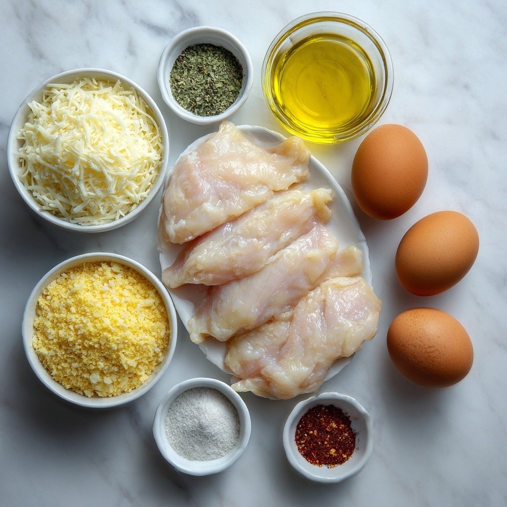 Flat lay of fresh raw chicken tenders neatly arranged, a small white ceramic bowl filled with grated Parmesan cheese, another small white bowl containing plain golden breadcrumbs, two whole large brown eggs with clean shells, a few small white bowls each holding garlic powder, onion powder, Italian seasoning, and coarse salt and black pepper, all symmetrically placed around the chicken tenders on a clean white marble surface, soft natural light, photo taken with an iPhone, professional food photography style, fresh ingredients, white ceramic bowls, no bottles, no duplicates, no utensils, no packaging --ar 1:1 --v 7 --p m7354639359234015250 — Crispy Parmesan Chicken Tenders, homemade chicken tenders, easy chicken tenders recipe, crispy chicken tenders with parmesan, baked chicken tenders