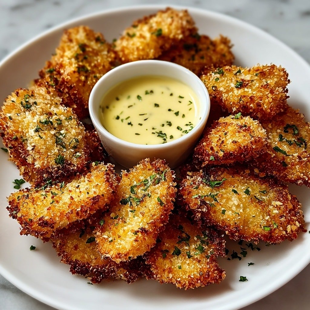 A white plate holds a pile of about twelve golden brown fried pieces, each coated with a crispy bread crumb crust sprinkled with small green herb pieces. The pieces have a rough, crunchy texture with some areas showing darker browning. At the back of the plate, there is a small white bowl filled with a pale yellow creamy dipping sauce that has tiny green flecks scattered inside. The plate is placed on a white marbled surface. photo taken with an iphone --ar 1:1 --v 7 — Crispy Parmesan Chicken Tenders, homemade chicken tenders, easy chicken tenders recipe, crispy chicken tenders with parmesan, baked chicken tenders