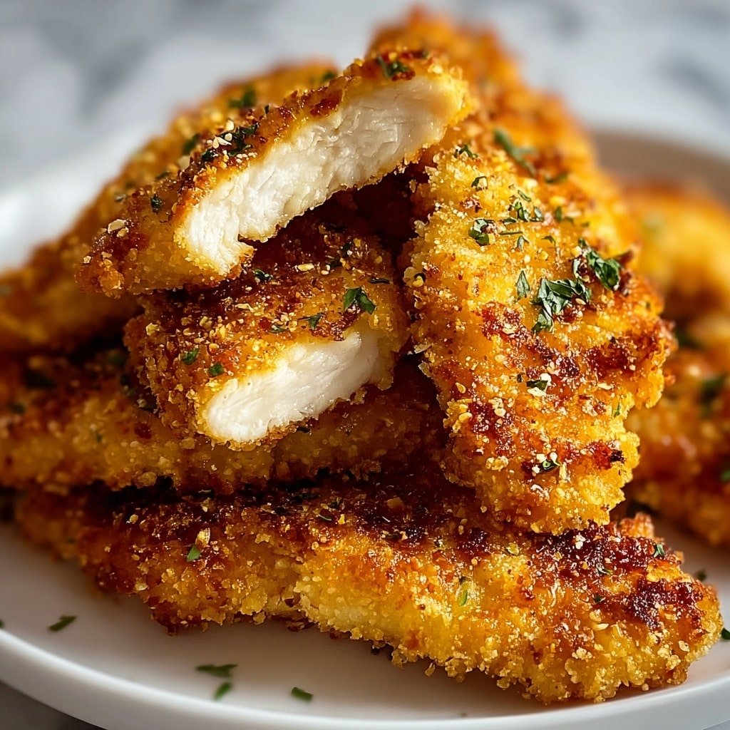 A close-up view of several golden-brown crispy pieces stacked on a white plate, each piece showing a crunchy, textured coating with small toasted crumbs. The top layers have scattered small green herb bits that add a fresh contrast to the warm fried colors. The coating is uneven with some darker browned spots highlighting the crispiness, and the textures range from coarse crumbs to smoother cooked sections. The background is softly blurred with warm tones, focusing all attention on the layered fried pieces. photo taken with an iphone --ar 1:1 --v 7 — Crispy Parmesan Chicken Tenders, homemade chicken tenders, easy chicken tenders recipe, crispy chicken tenders with parmesan, baked chicken tenders