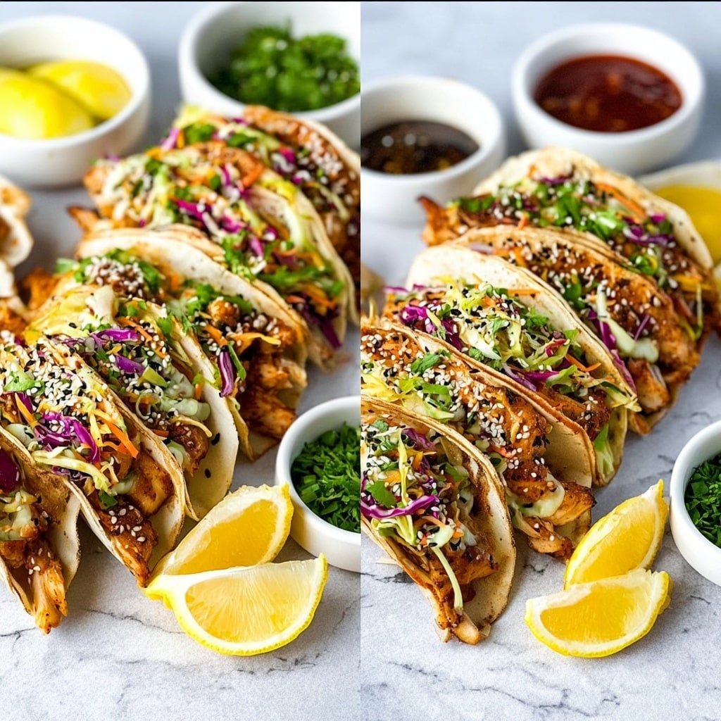The image shows several small tacos arranged in a line on a white marbled surface. Each taco has a soft white shell filled with layers of cooked golden-brown chicken, colorful shredded cabbage with green, purple, and orange tones, and chopped fresh green herbs on top. The tacos are garnished with white and black sesame seeds. Around the tacos, there are lemon wedges placed on the surface. Small white bowls nearby hold different sauces and chopped herbs. Photo taken with an iphone --ar 1:1 --v 7 — Chicken Wonton Tacos with Asian Slaw, Easy Asian Fusion Tacos, Crispy Chicken Tacos with Slaw, Asian-inspired Taco Recipes, Quick Weeknight Tacos