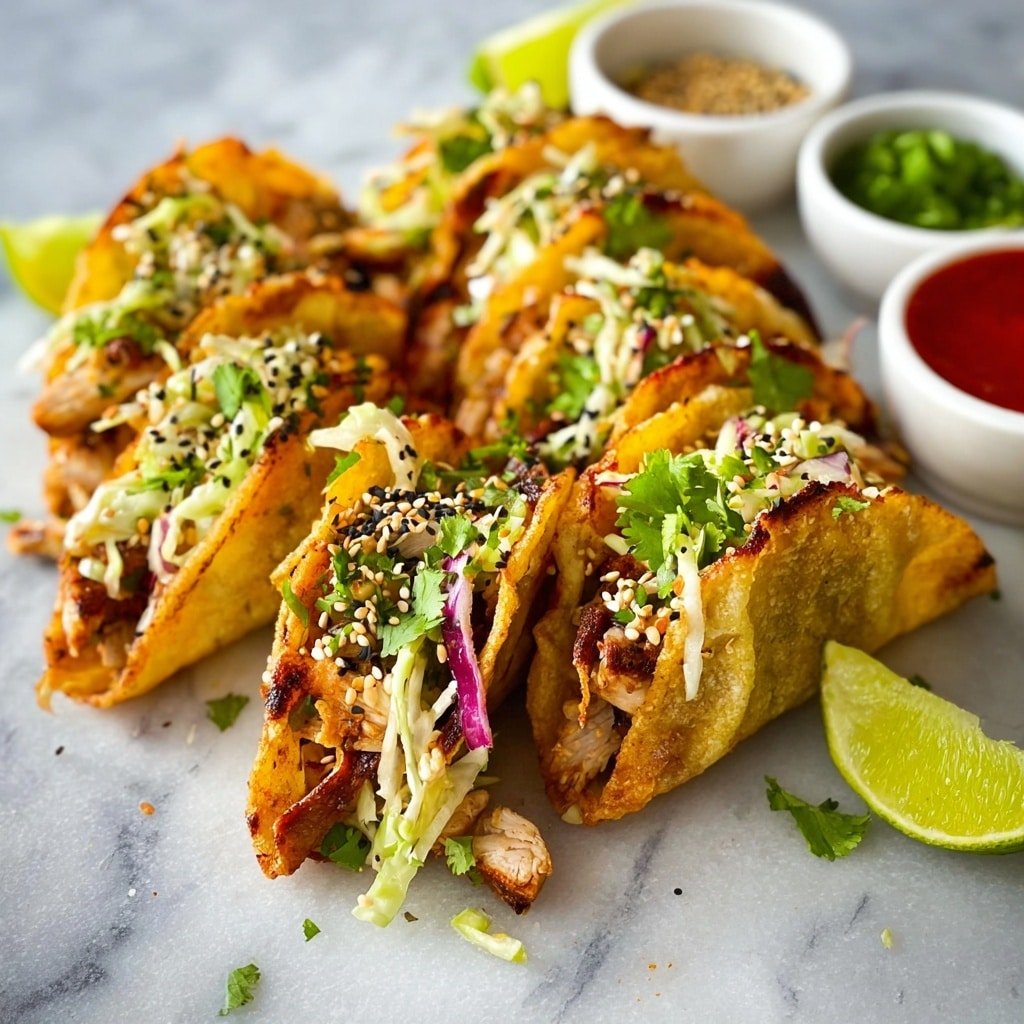 A line of six small crispy yellow-brown folded tacos filled with shredded light brown meat topped with a colorful mix of light green, purple, and white shredded cabbage and herbs, sprinkled with black and white sesame seeds and finely chopped green herbs, arranged on a white marbled surface. Around the tacos are bright green lime wedges and three small white bowls, one with a dark seed mix, another with green chopped herbs, and the last with a red sauce. The focus is on the front taco, and a woman's hand is slightly visible holding one in the background. photo taken with an iphone --ar 1:1 --v 7 — Chicken Wonton Tacos with Asian Slaw, Easy Asian Fusion Tacos, Crispy Chicken Tacos with Slaw, Asian-inspired Taco Recipes, Quick Weeknight Tacos