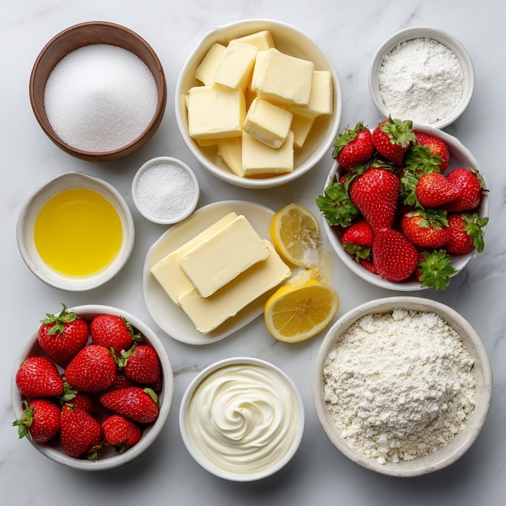 Flat lay of a small white ceramic bowl of white sugar, a few tablespoons of cornstarch in a small white bowl, a small white bowl of fresh lemon juice, a white ceramic bowl filled with hulled and sliced fresh strawberries, small cubes of cold butter on a white ceramic dish, a white ceramic bowl of all-purpose flour, a small white bowl with white sugar, a small white bowl with baking powder, a small white bowl with salt, cold butter cubes arranged on a white ceramic plate, and a small white ceramic bowl of heavy cream, all ingredients fresh and natural, perfectly balanced and symmetrical, placed on a clean white marble surface, soft natural light, photo taken with an iPhone, professional food photography style, fresh ingredients, white ceramic bowls, no bottles, no duplicates, no utensils, no packaging --ar 1:1 --v 7 --p m7354639359234015250 — Easy Strawberry Cobbler, homemade strawberry cobbler, quick strawberry dessert, simple fruit cobbler, easy berry cobbler