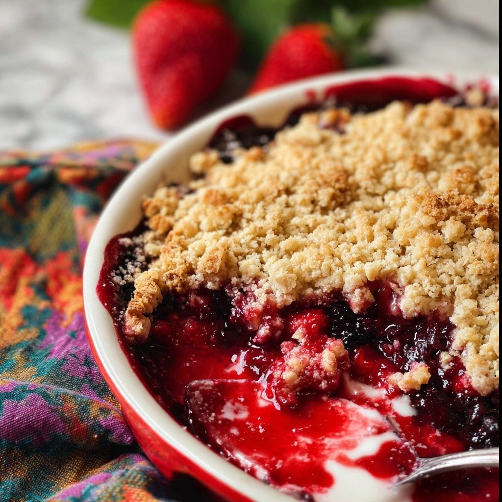 A close-up view of a berry crumble dessert in a white round dish with a red rim. The crumble has a rough, crumbly golden-brown topping layer covering dark red mixed berry filling underneath. One side of the dessert is scooped out, showing a thick, juicy, and shiny red filling with visible berry pieces and some white creamy sauce at the edge of the dish. The dish sits on a colorful cloth on a white marbled surface, with some fresh green leaves and a large red strawberry blurred in the background. Photo taken with an iphone --ar 1:1 --v 7 — Easy Strawberry Cobbler, homemade strawberry cobbler, quick strawberry dessert, simple fruit cobbler, easy berry cobbler