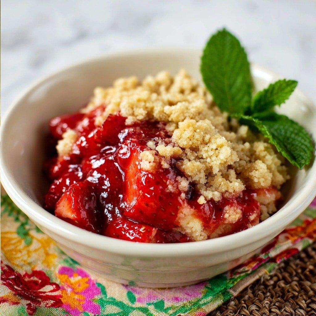 A white bowl holds a two-layer dessert placed on a piece of brown textured cloth and a colorful floral cloth underneath. The bottom layer is a bright red mix of juicy, sliced strawberries with a slightly soft texture. The top layer is light golden, crumbly pieces resembling a soft crust or crumble topping scattered unevenly over the strawberries. A vintage silver spoon is scooping a mix of both layers, showing the soft red strawberries blending with the crumbly topping. A sprig of fresh green mint leaves sits towards the back of the bowl, adding a touch of color contrast. The scene is set on a white marbled surface. photo taken with an iphone --ar 1:1 --v 7 — Easy Strawberry Cobbler, homemade strawberry cobbler, quick strawberry dessert, simple fruit cobbler, easy berry cobbler