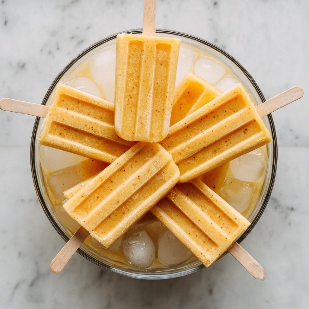 A clear glass bowl filled with ice cubes and light orange liquid holds eight light orange popsicles arranged in a circular pattern, with their wooden sticks pointing outward. Each popsicle has vertical ridges and small darker specks scattered throughout its creamy texture. The bowl sits on a white marbled surface. photo taken with an iphone --ar 1:1 --v 7 — Mango Ice Pops with Lime and Maple, Lime Mango Frozen Treats, Healthy Mango Pops, Summer Fruit Pops, Easy Homemade Ice Pops