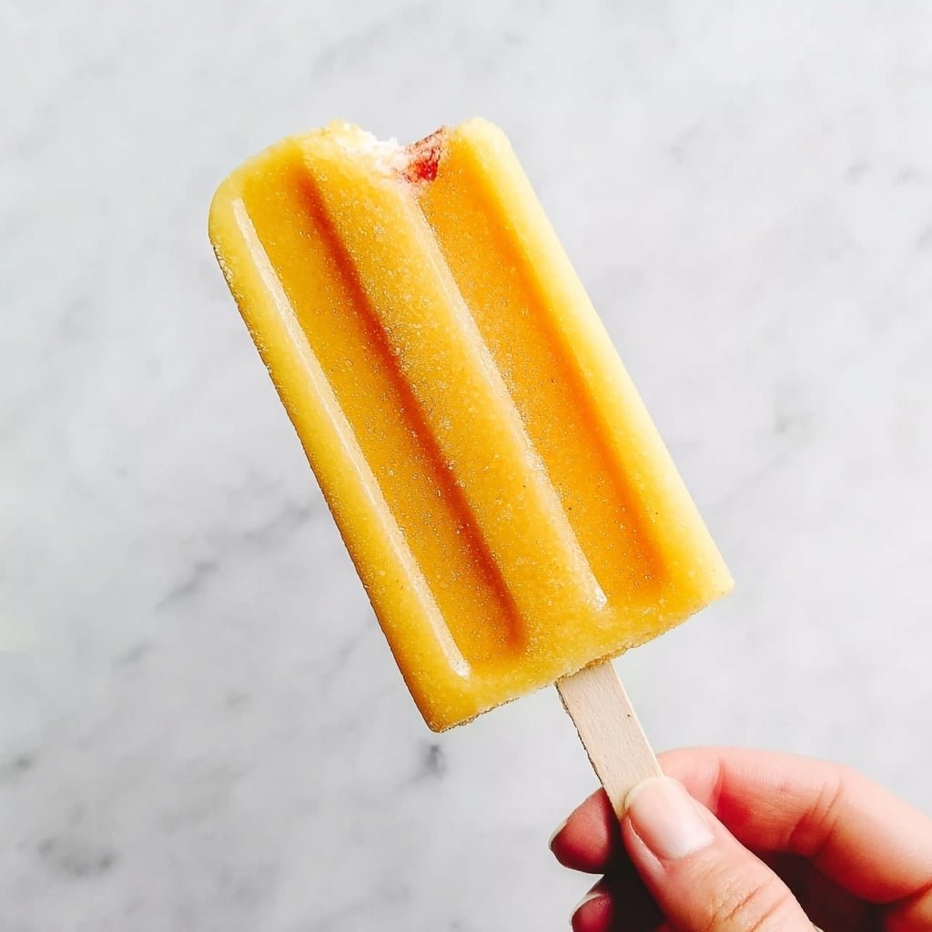 A close-up image showing a single yellow popsicle with a visible bite taken from the top right corner. The popsicle has a smooth surface with some small texture details and vertical ridges running down its front. It is held up by a wooden stick, gripped by a woman's hand at the bottom left. The background shows a white marbled surface. photo taken with an iphone --ar 1:1 --v 7 — Mango Ice Pops with Lime and Maple, Lime Mango Frozen Treats, Healthy Mango Pops, Summer Fruit Pops, Easy Homemade Ice Pops