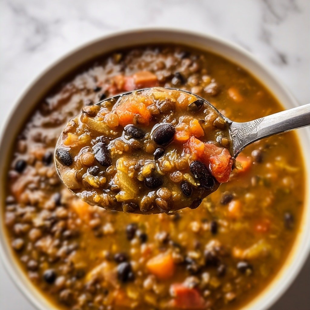 A spoon holds a thick stew with layers of brown lentils, black beans, and soft diced orange and red vegetables, all in a rich brownish-yellow broth. The spoon is lifted above a white bowl filled with the same stew, showing the stew’s chunky texture and mixed colors. The background is a white marbled texture. photo taken with an iphone --ar 1:1 --v 7 — Cream Horns with Puff Pastry and Marshmallow Filling, Puff Pastry Cream Horns, Marshmallow Filled Pastry Recipe, Easy Cream Horns, Homemade Cream Horns