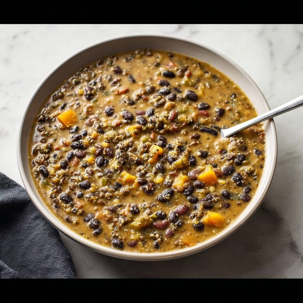 A single bowl of thick soup filled with green lentils, black beans, small pieces of orange carrots, and bits of brown vegetables in a light brown broth. The soup looks chunky with visible beans and vegetable pieces spread evenly throughout. A silver spoon rests inside the white bowl on the right side. The bowl sits on a white marbled surface with a gray cloth partially visible on the left side. Photo taken with an iphone --ar 1:1 --v 7 — Cream Horns with Puff Pastry and Marshmallow Filling, Puff Pastry Cream Horns, Marshmallow Filled Pastry Recipe, Easy Cream Horns, Homemade Cream Horns
