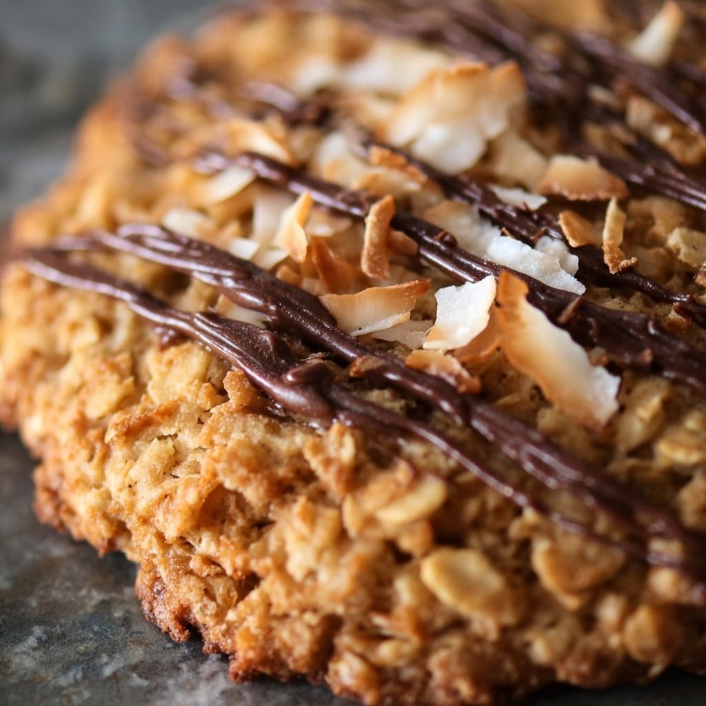 A close-up of a single large oatmeal cookie with a rough textured surface made of oats, golden brown in color. The top has thin toasted coconut flakes scattered unevenly, some light and some dark brown. There are thin dark brown chocolate drizzles spread across the cookie, with a thicker dollop of chocolate near the center. The cookie is set against a blurred background that is dark brown but changed to a white marbled texture in the prompt. photo taken with an iphone --ar 1:1 --v 7 — Black Bean and Lentil Soup, hearty vegan soup, healthy vegetarian meal, comforting lentil and black bean soup, easy black bean lentil recipe