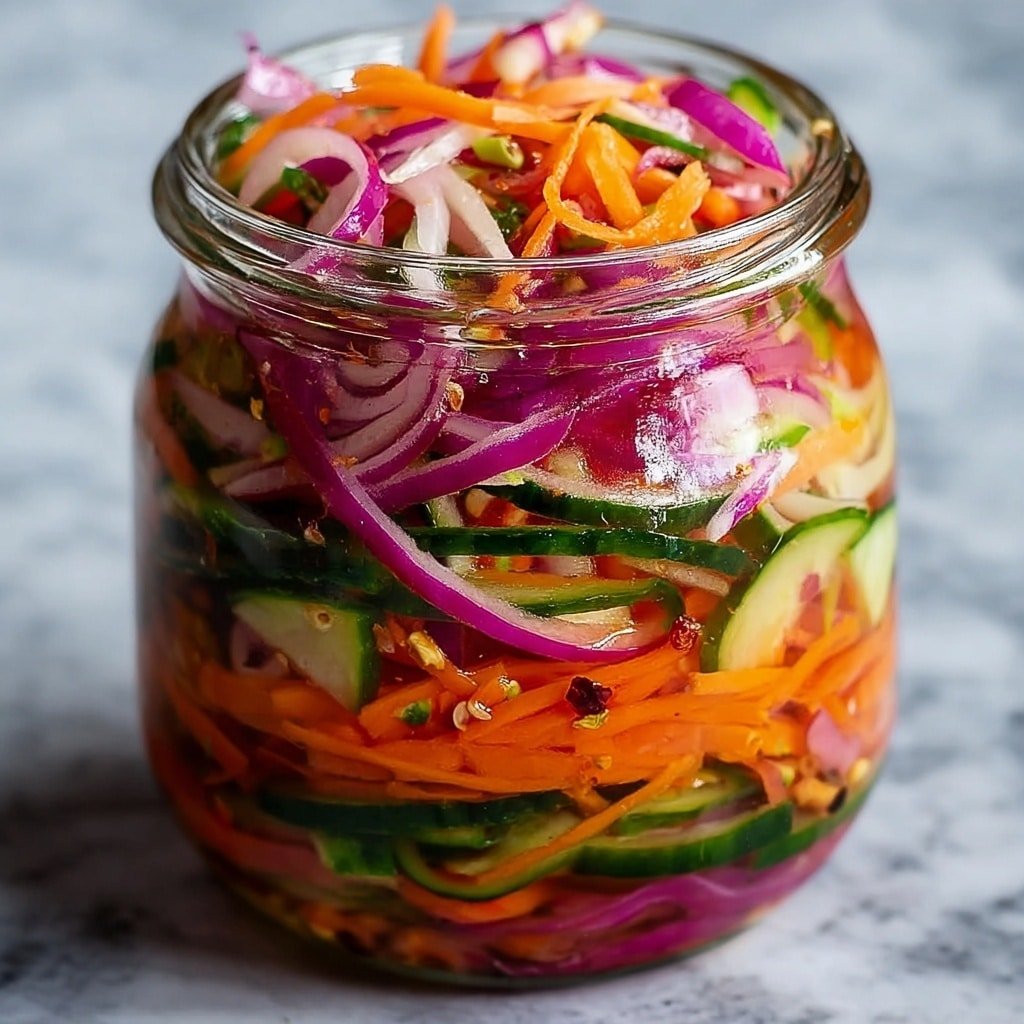 The image shows a clear glass jar filled with three visible layers of fresh pickled vegetables. The bottom layer consists of thin dark green cucumber slices with some orange shredded carrots mixed in. The middle layer is mainly made of bright orange shredded carrots. The top layer has a mix of thinly sliced white onions and bright purple-red onions, with some green cucumber slices peeking through. The vegetables look shiny and wet, and you can see some small seeds and bits of spices throughout the layers. The jar sits on a white marbled surface. Photo taken with an iphone --ar 1:1 --v 7 — Quick Pickled Vegetables, easy pickled vegetables, homemade pickled veggies, fast vegetable pickling, tangy veggie snack
