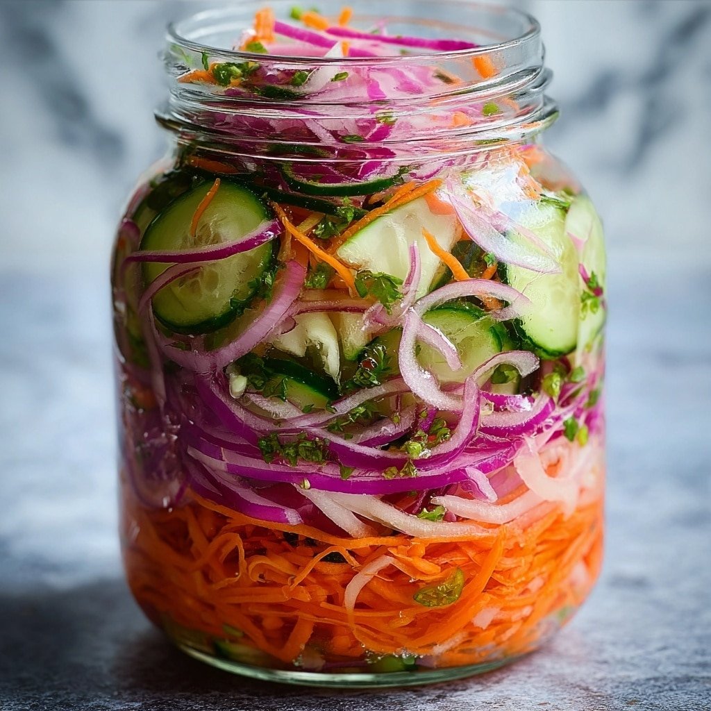 A close-up view of a glass jar filled with colorful pickled vegetables. The mix has thin, long strips of bright orange carrot, thinly sliced purple-red onion, thin pale white onion slices, and small green cucumber pieces with dark green skin. There are also a few green herb leaves scattered throughout. The vegetables are packed tightly, showing lots of texture with shiny wet surfaces from the pickling liquid. The jar sits on a white marbled surface. photo taken with an iphone --ar 1:1 --v 7 — Quick Pickled Vegetables, easy pickled vegetables, homemade pickled veggies, fast vegetable pickling, tangy veggie snack