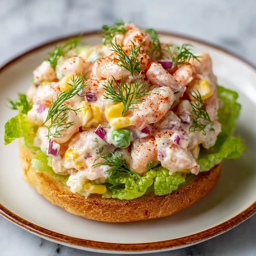A round golden toasted bread base is topped with a layer of fresh green lettuce leaves. Over the lettuce, there is a thick, creamy seafood mixture with visible small pink shrimp, diced red onions, green pea slices, and light yellow corn. The seafood mix is topped with small sprigs of fresh green dill and lightly sprinkled with a reddish spice powder. The dish is placed on a white plate with a thin brown rim, set against a white marbled surface. Photo taken with an iphone --ar 1:1 --v 7 — Shrimp Salad without Recipe, Lemon and Herbs Shrimp Salad, Easy Shrimp Salad, Creamy Shrimp Salad, Fresh Seafood Salad