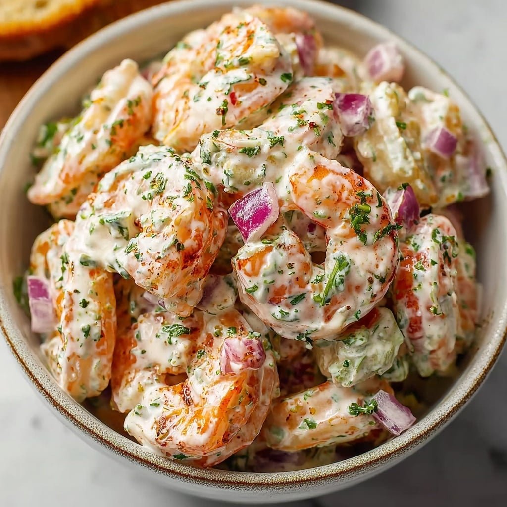 A close-up image of a bowl filled with creamy shrimp salad. The dish has several layers of shrimp coated in a thick white sauce mixed with small chopped green herbs, white bits, and pieces of purple onion scattered throughout. The shrimp are orange with grill marks, creating a contrast with the creamy sauce. The bowl is white and rests on a white marbled surface with a piece of toast visible at the edge. Photo taken with an iphone --ar 1:1 --v 7 — Shrimp Salad without Recipe, Lemon and Herbs Shrimp Salad, Easy Shrimp Salad, Creamy Shrimp Salad, Fresh Seafood Salad