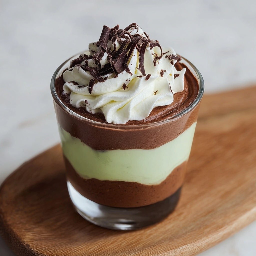 The dessert is shown in a clear glass cup with three visible layers, sitting on a wooden board against a white marbled surface. The bottom and top layers are smooth, rich brown chocolate mousse. In the middle, there is a creamy pale green layer. The top of the dessert is decorated with a thick swirl of white whipped cream, sprinkled with thin, curly dark chocolate shavings. The photo taken with an iphone --ar 1:1 --v 7 — Mint Chocolate Pudding Cups, Chocolate Pudding with Mint, Easy Mint Chocolate Dessert, Quick Chocolate Mint Treats, No-Bake Mint Chocolate Cups