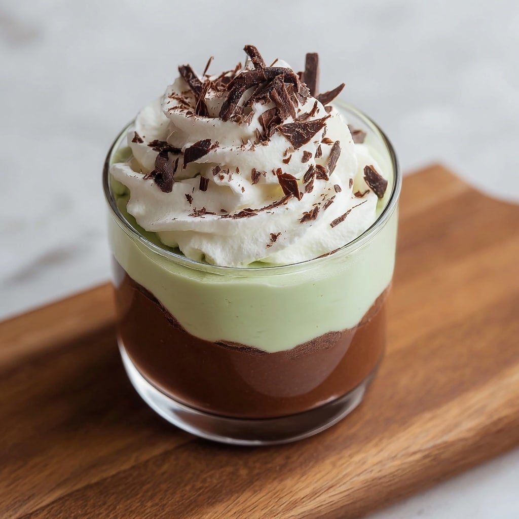 The dessert is served in a clear glass cup with three visible layers: the bottom and top layers are smooth, dark brown chocolate mousse, and the middle layer is a pale green creamy mousse. On top, there is a generous swirl of white whipped cream, sprinkled with small, thin chocolate shavings. The glass sits on a wooden board with a smooth texture, and the background has a white marbled texture. photo taken with an iphone --ar 1:1 --v 7 — Mint Chocolate Pudding Cups, Chocolate Pudding with Mint, Easy Mint Chocolate Dessert, Quick Chocolate Mint Treats, No-Bake Mint Chocolate Cups