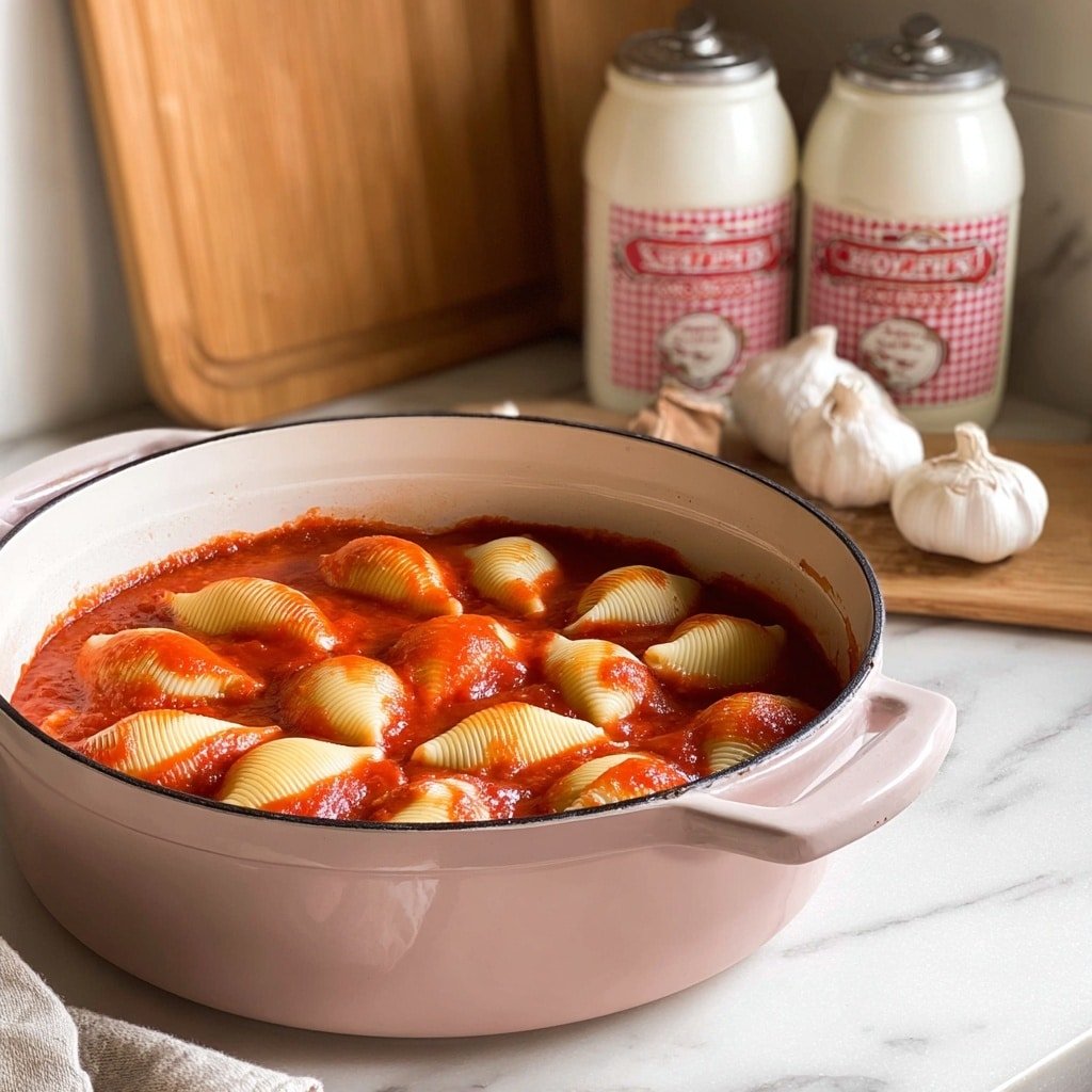A round pink pot filled with a layer of red tomato sauce topped with two layers of large, pale orange stuffed pasta shells arranged neatly, giving a smooth and shiny texture; in the background, two white containers with red checkered labels, a wooden cutting board, some garlic bulbs in a white cloth, and a white marbled surface beneath the pot. Photo taken with an iphone --ar 1:1 --v 7 — Stuffed Onion Dolma with Italian Sausage, savory stuffed onion recipes, hearty Italian sausage dishes, easy stuffed onion dinner, Mediterranean stuffed vegetables