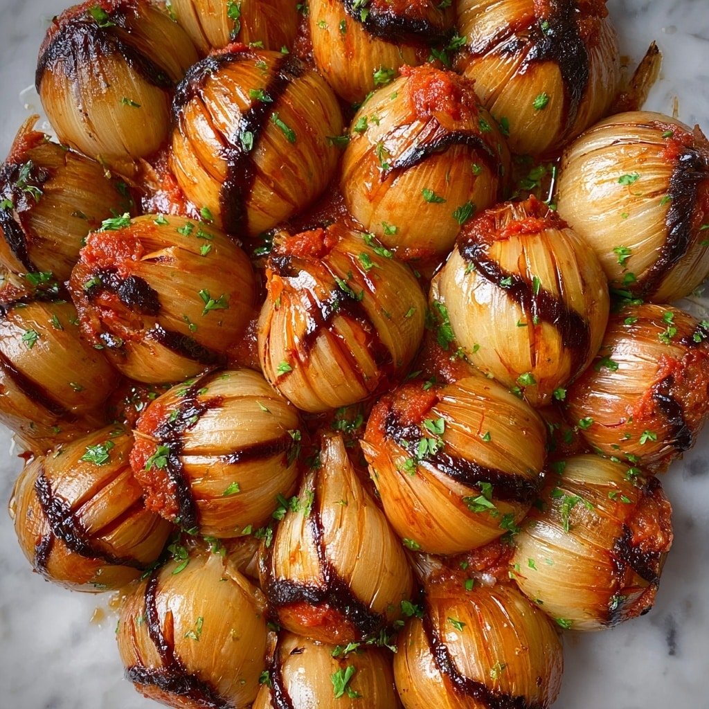 A light pink pan with a dark gray handle contains two layers of stuffed onion petals arranged tightly in a circular pattern. Each onion has a golden brown cooked surface with some charred spots and a glossy finish from a dark sauce drizzled evenly on top. Small green herb pieces are sprinkled over the onions adding a fresh touch. The pan rests on a light white marbled background, alongside a clear white bowl, salt and pepper shakers with white and gray tops, a bulb of garlic, fresh thyme sprigs, and a white cloth holding golden serving utensils. Photo taken with an iphone --ar 1:1 --v 7 — Stuffed Onion Dolma with Italian Sausage, savory stuffed onion recipes, hearty Italian sausage dishes, easy stuffed onion dinner, Mediterranean stuffed vegetables
